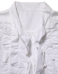 Blouse blanche Dolce & Gabbana à collerette plissée, manches longues et détails en ruffles, élégante et sophistiquée.