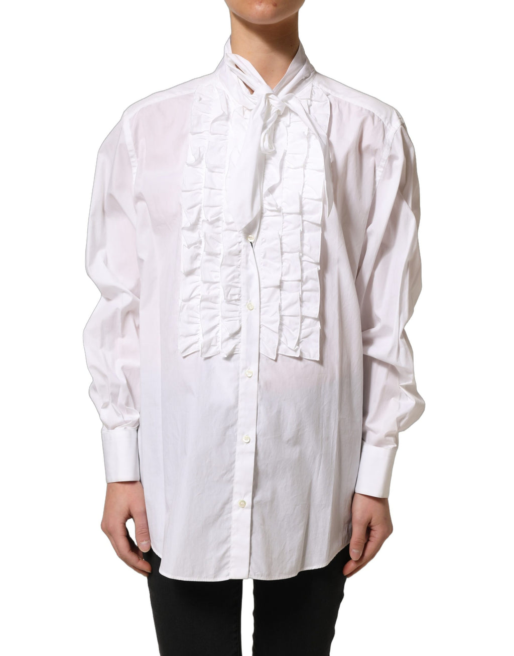 Blouse blanche Dolce & Gabbana à manches longues avec collerette plissée, style élégant et raffiné.