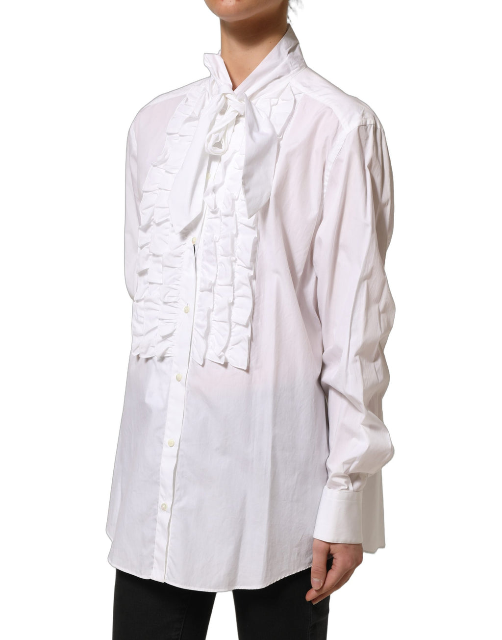Chemise blanche Dolce & Gabbana à volants, manches longues et style bib, élégante et féminine.