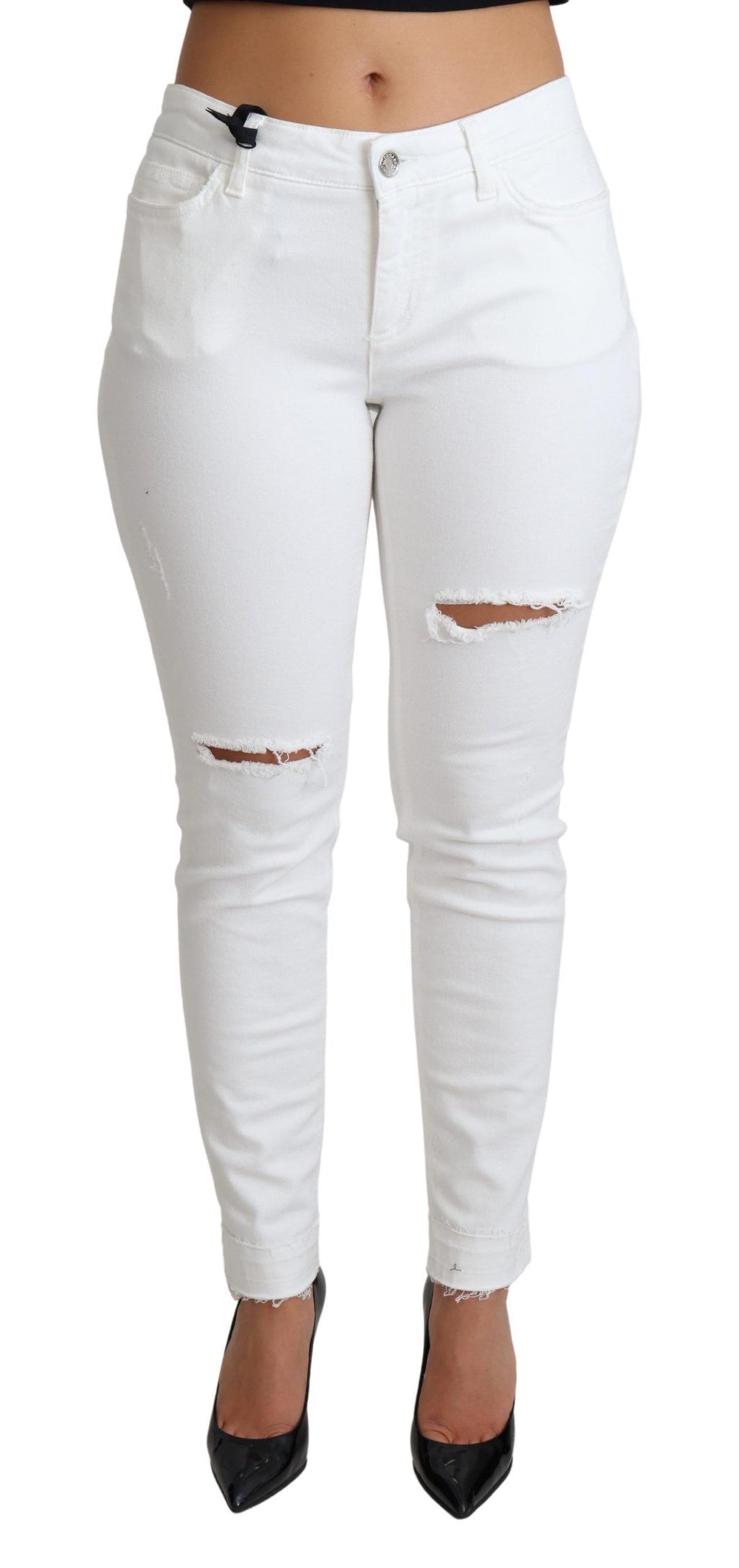 Jeans skinny déchirés en denim blanc Dolce & Gabbana, extensible, avec détails usés et coupe ajustée.