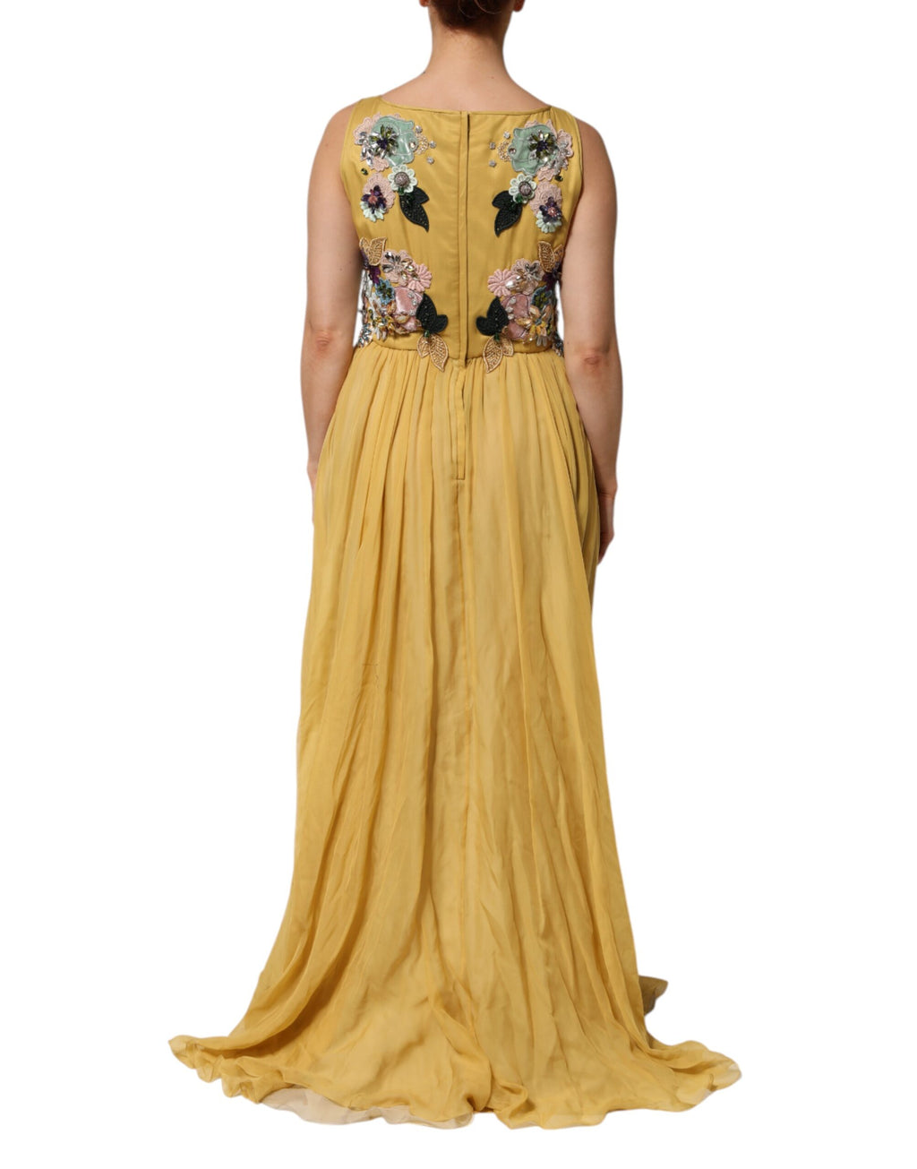 Robe longue en soie jaune avec broderie florale Dolce & Gabbana, élégante et sophistiquée, pour femmes.