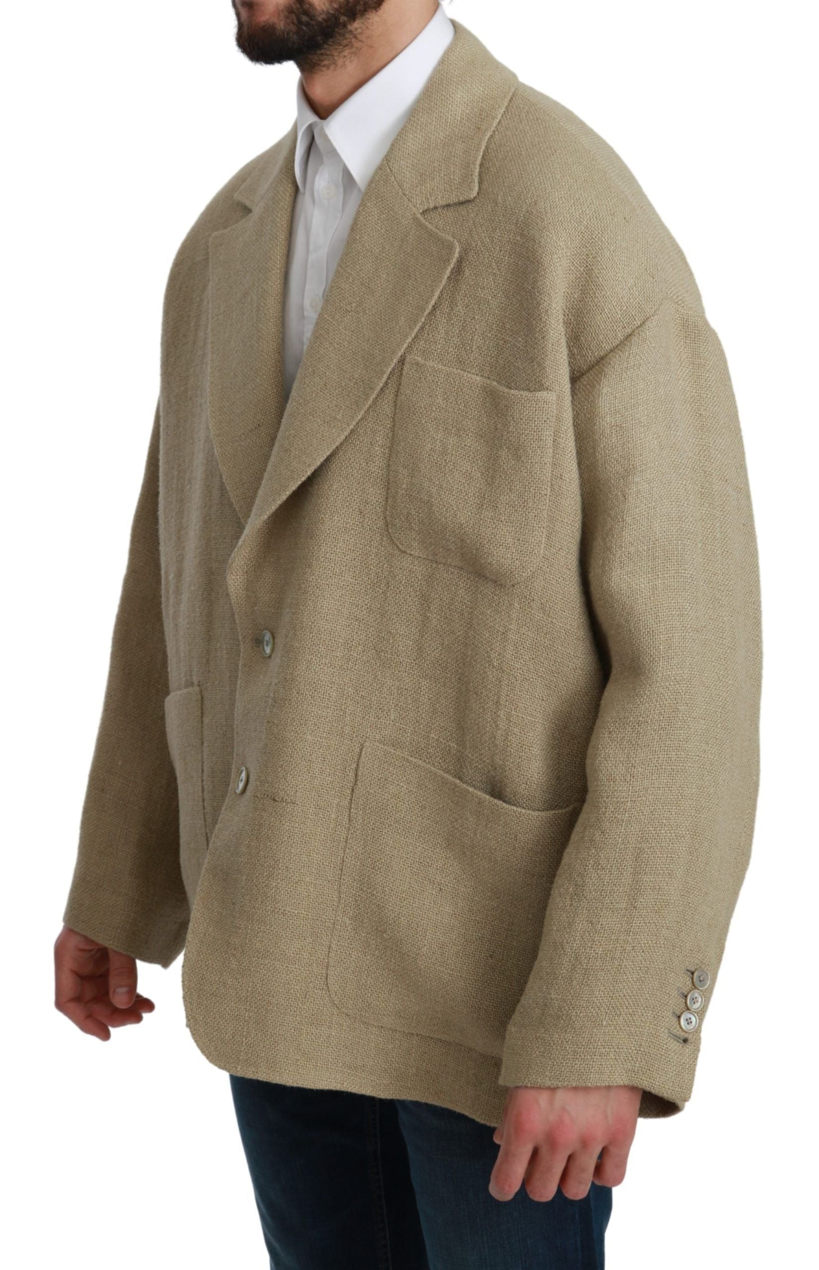 Veste beige Dolce & Gabbana en jute, blazer élégant avec coupe classique, visible sur fond neutre.