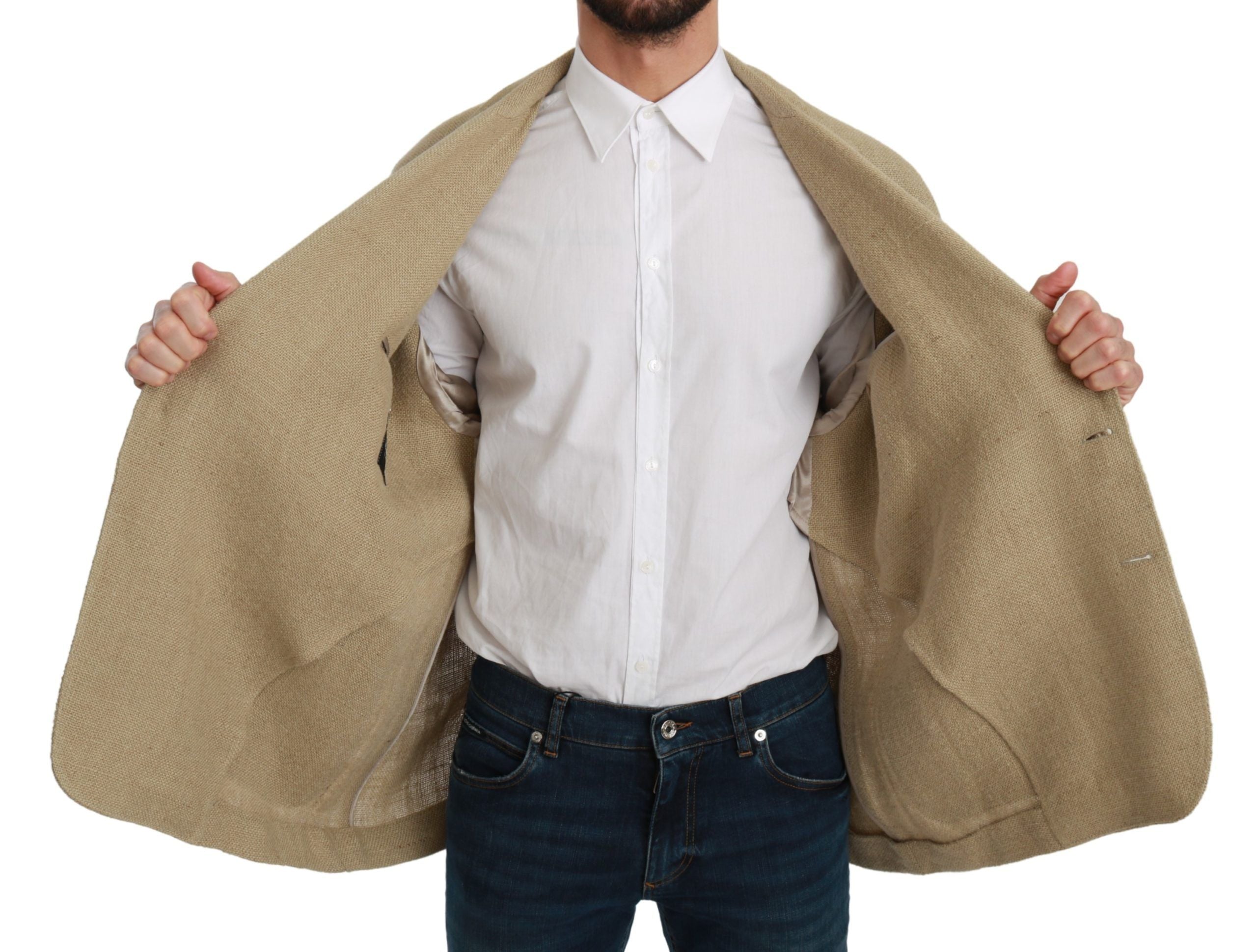 Veste blazer beige Dolce & Gabbana en jute, vue de face, avec col classique et coupe élégante.