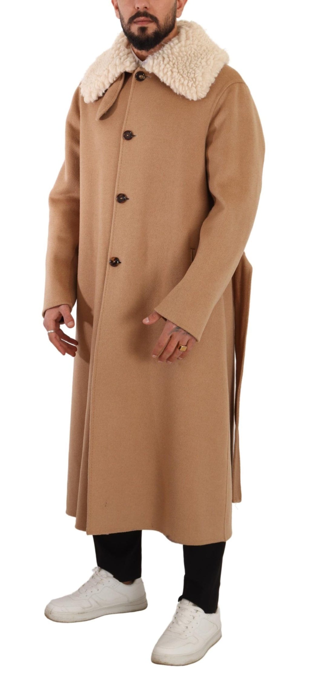 Manteau en cachemire et shearling beige camel de Dolce & Gabbana, veste élégante avec doublure en laine.