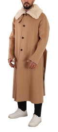 Manteau en cachemire et shearling beige camel de Dolce & Gabbana, veste élégante avec doublure en laine.