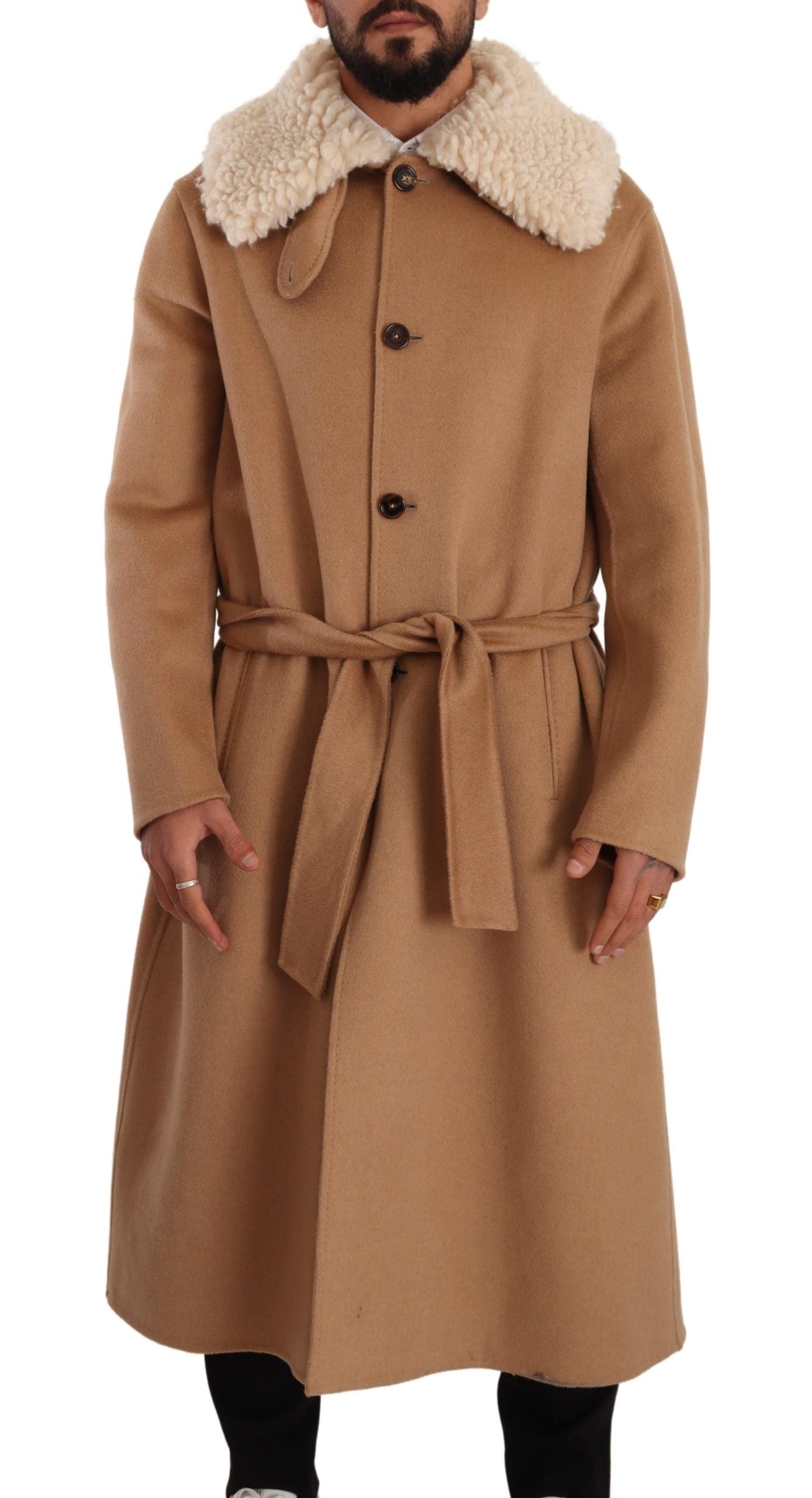 Manteau en cachemire et shearling beige camel de Dolce & Gabbana, veste élégante et chaude pour l'hiver.