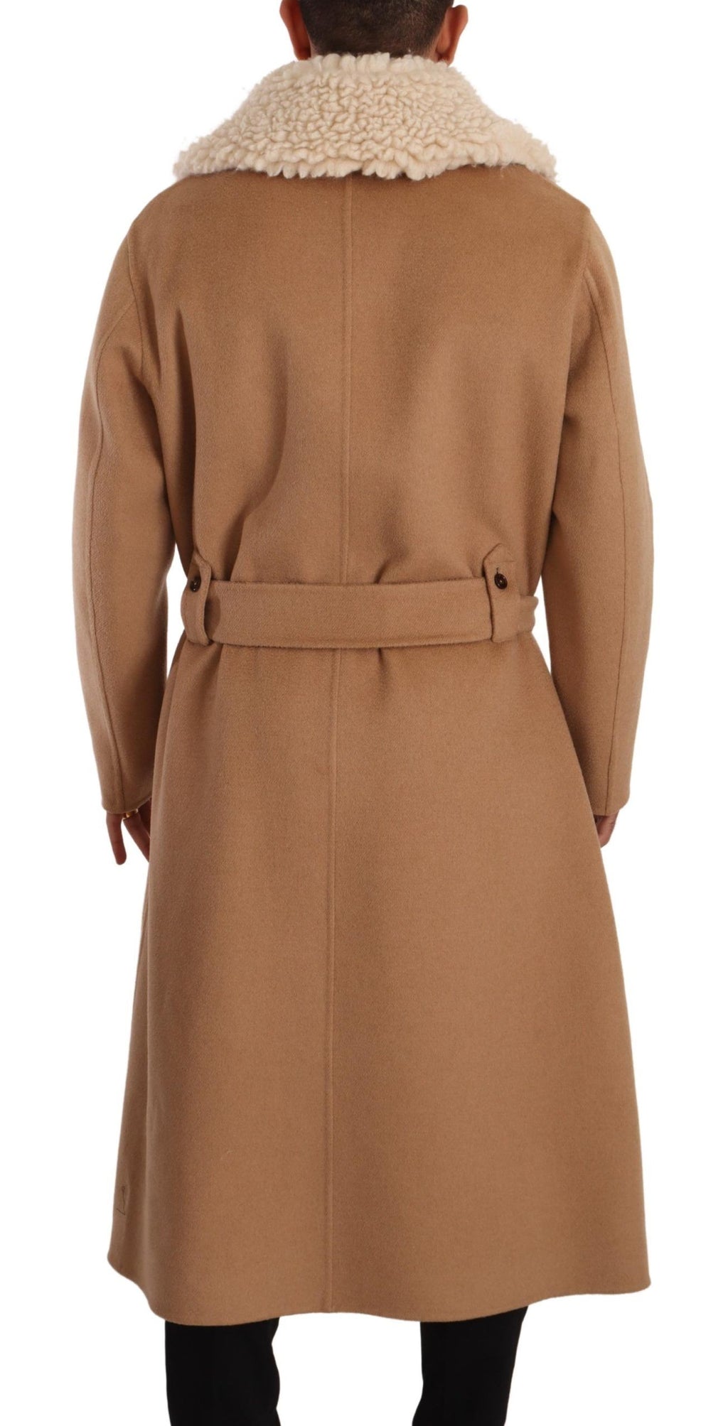Manteau homme en cachemire et shearling beige camel de Dolce & Gabbana, veste élégante et chaude avec doublure en laine.