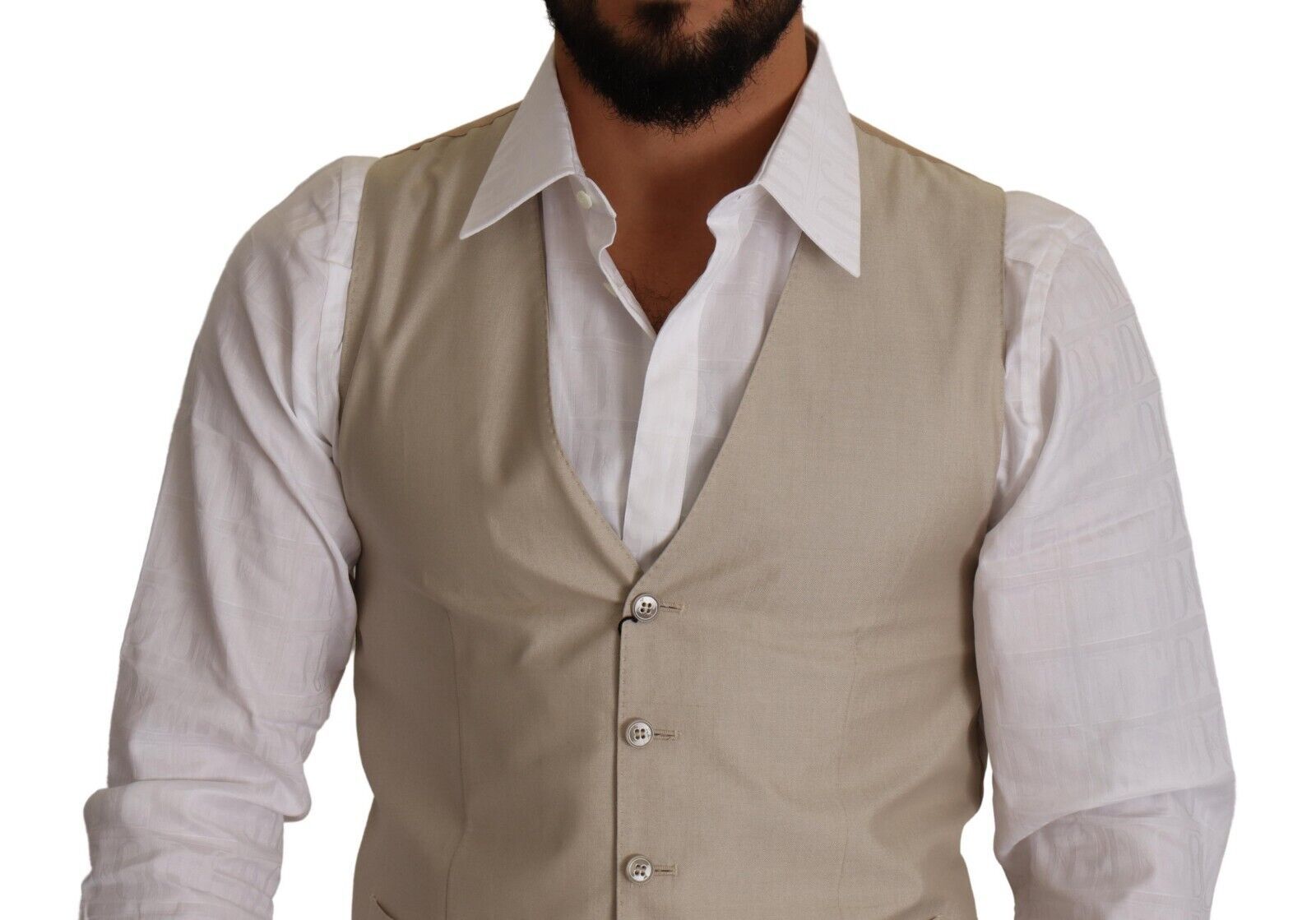 Gilet beige en coton et soie Dolce & Gabbana, coupe ajustée, détail élégant, porté sur un mannequin.