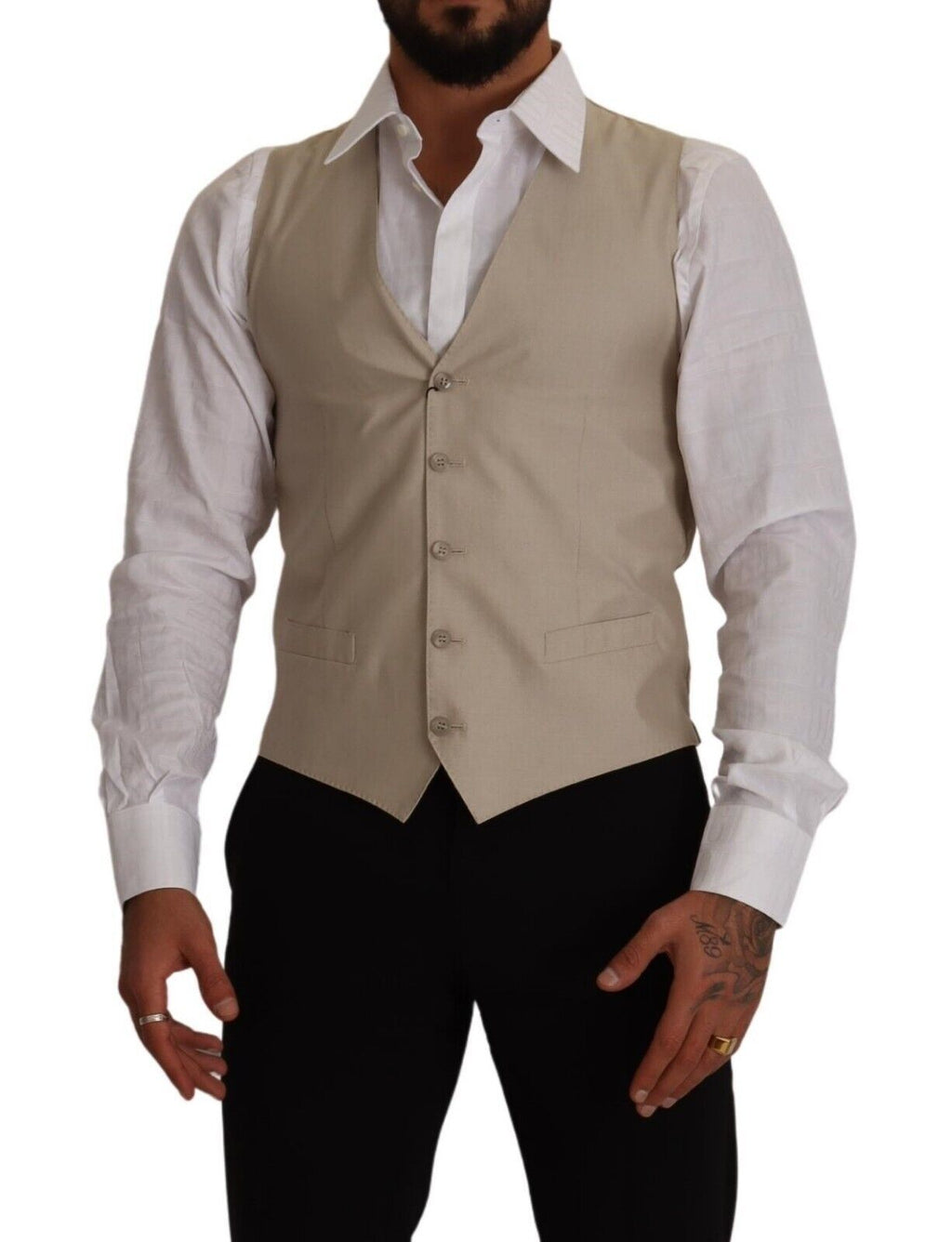 Gilet homme en coton et soie beige de Dolce & Gabbana, coupe ajustée et élégante, avec détails raffinés.