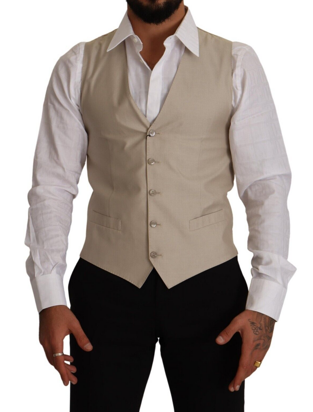Gilet slim en coton et soie beige de Dolce & Gabbana, ajusté à la taille, avec détails élégants et finition raffinée.