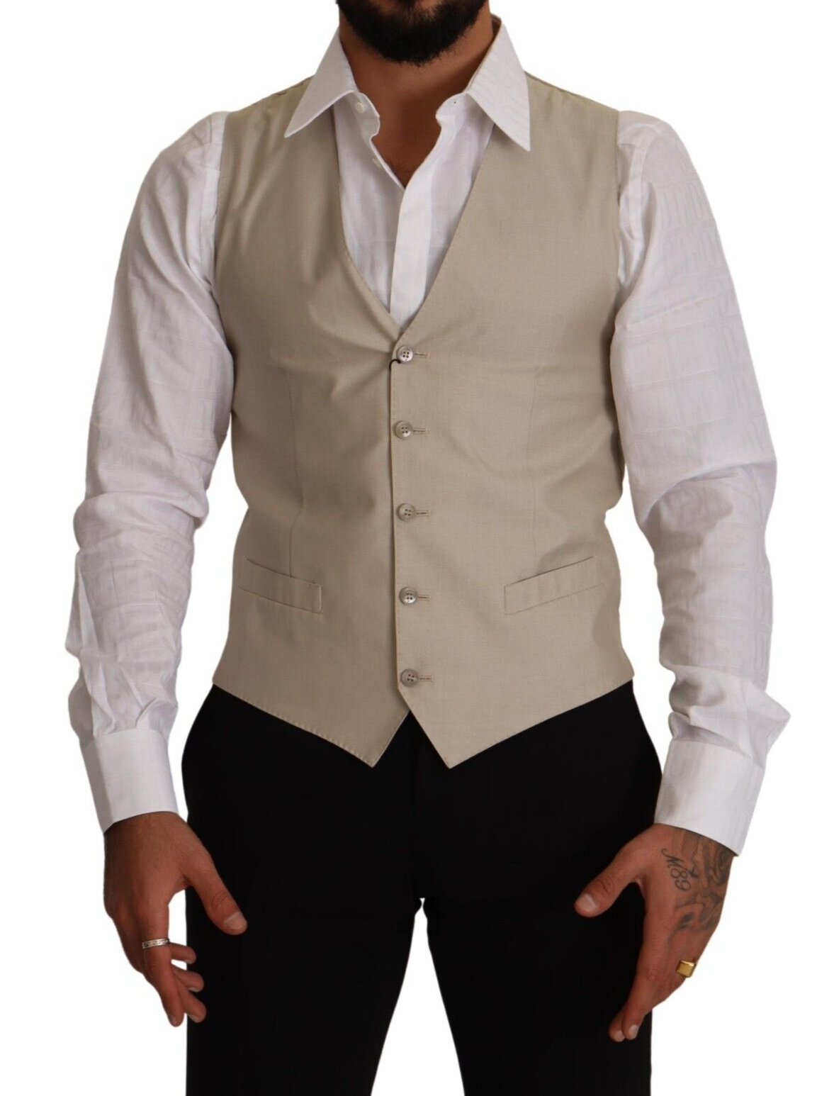 Gilet slim en coton et soie beige de Dolce & Gabbana, ajusté à la taille, avec détails élégants et finition raffinée.