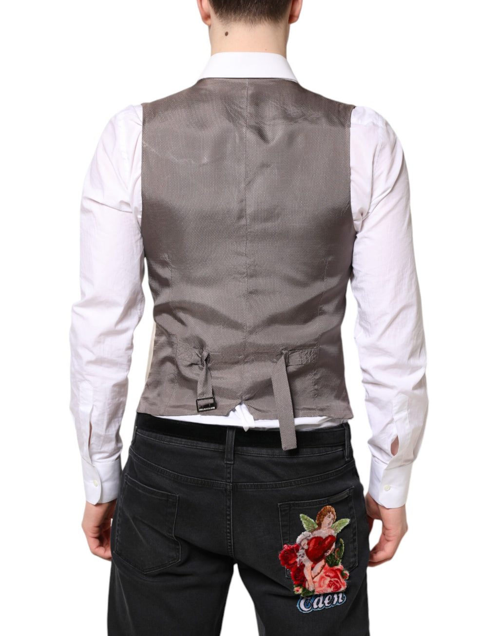 Gilet homme beige et gris Dolce & Gabbana, veste formelle élégante avec ceinture, idéal pour occasions habillées.
