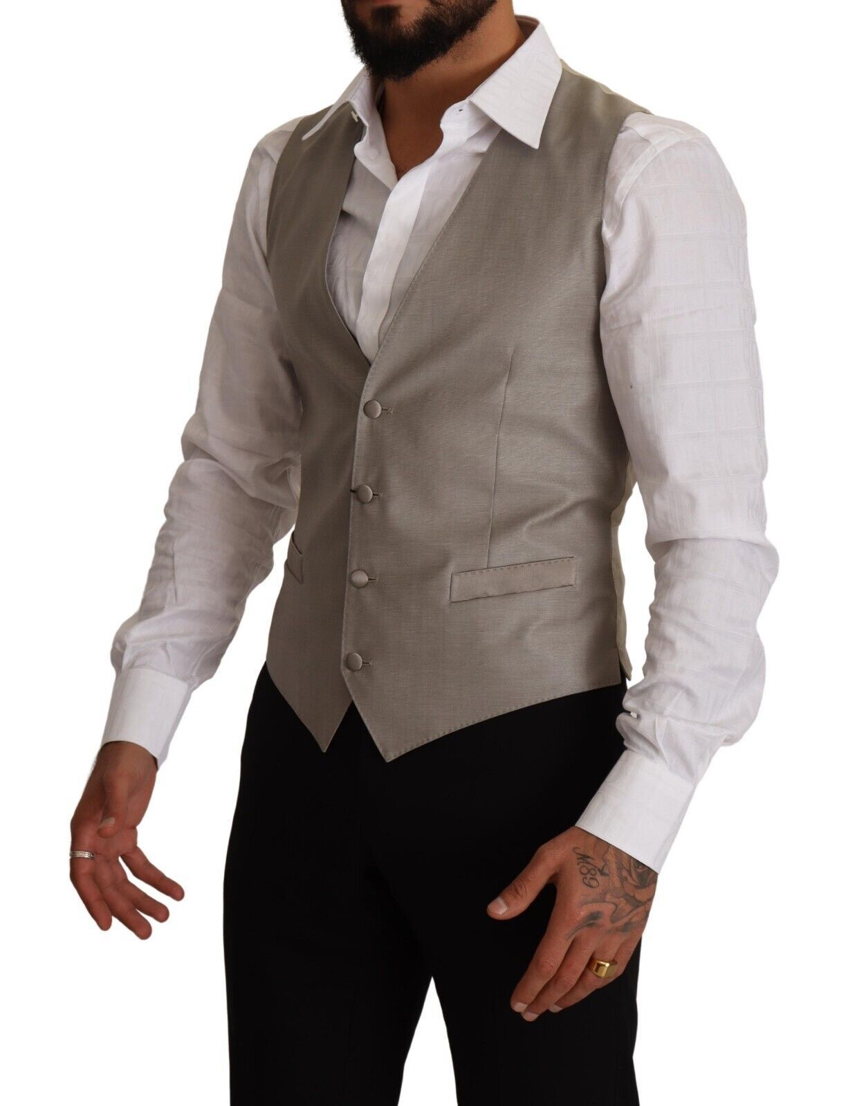 Gilet beige en laine Dolce & Gabbana à un seul bouton, coupe élégante et sophistiquée pour homme.