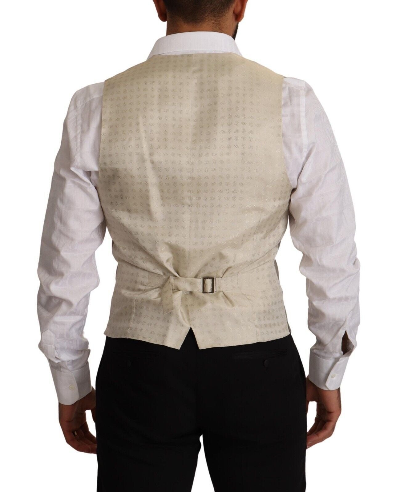 Gilet beige en laine Dolce & Gabbana à boutonnière simple, style élégant et sophistiqué, porté sur un mannequin.