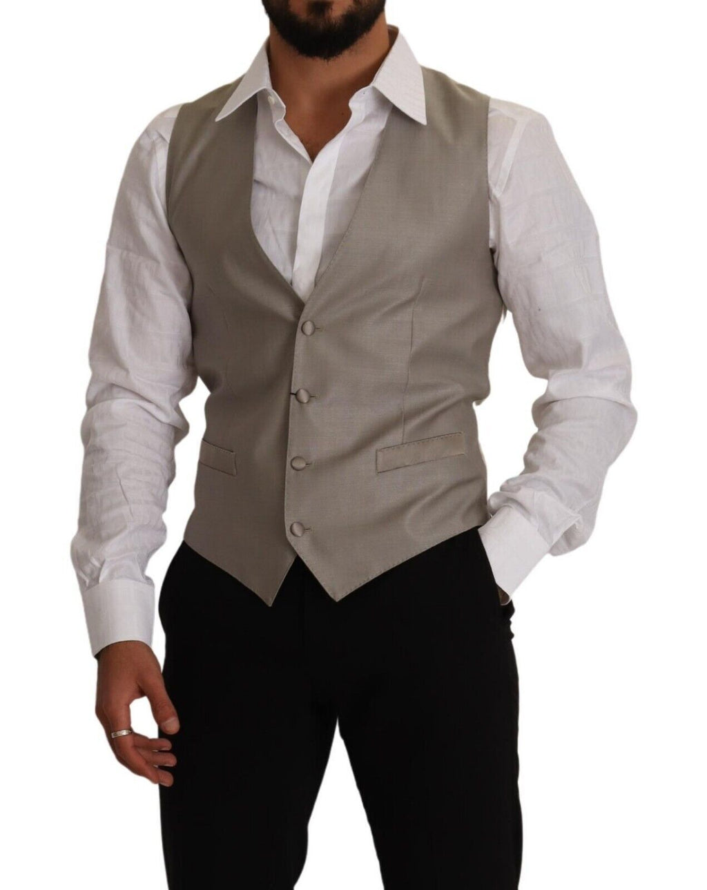 Gilet beige en laine Dolce & Gabbana à un seul boutonnage, style élégant et sophistiqué pour homme.