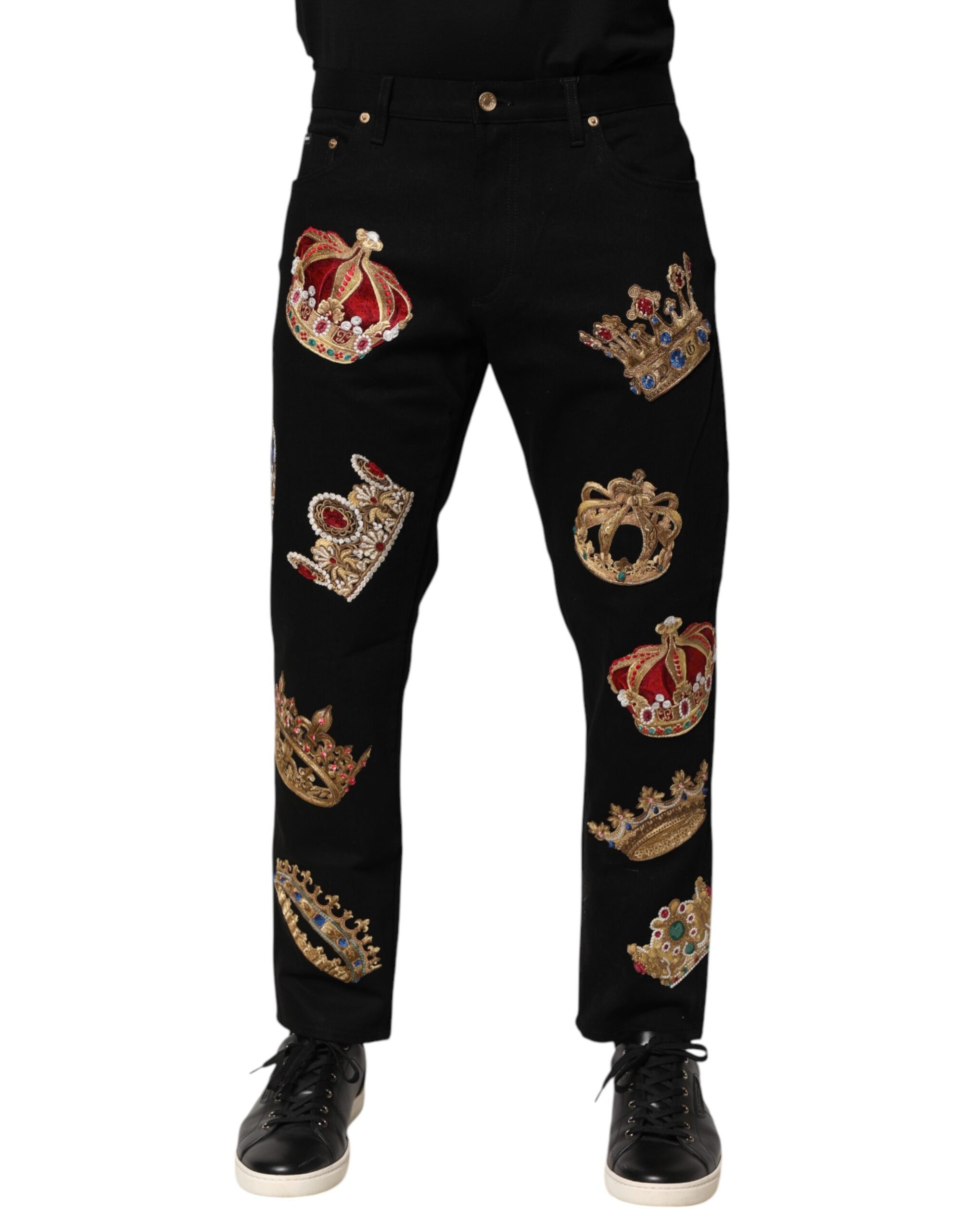 Pantalon homme Dolce & Gabbana noir à motif baroque royal, pantalon de costume élégant avec finition sophistiquée.