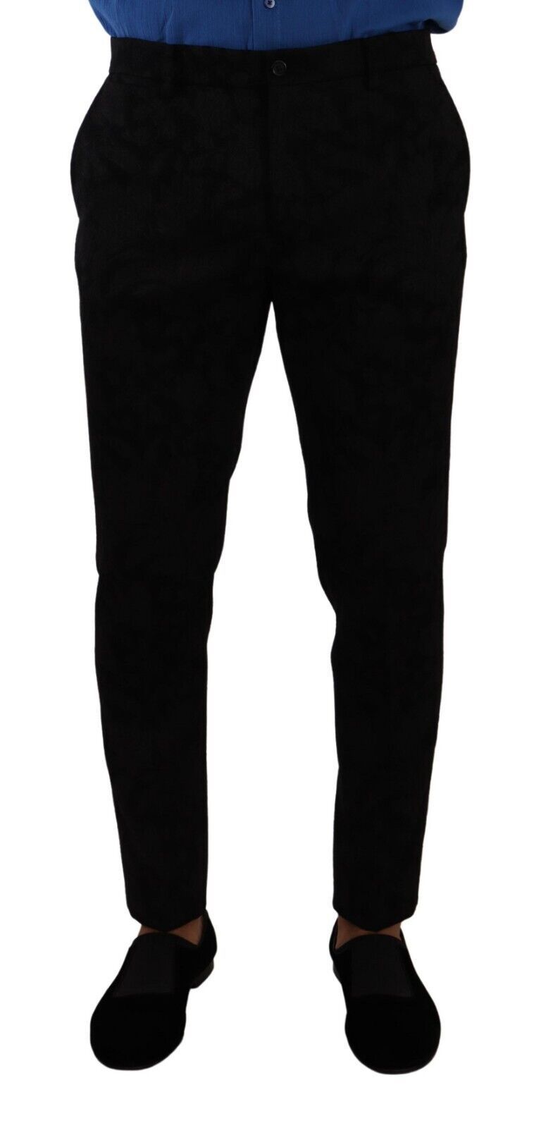 Pantalon de costume élégant noir en brocart Dolce & Gabbana, coupe skinny pour homme ou femme.