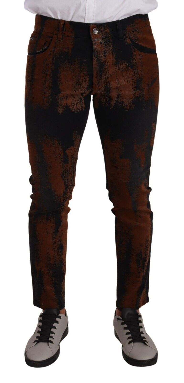 Jeans slim en denim coton teint tie-dye noir et marron de Dolce & Gabbana, coupe skinny et style décontracté.