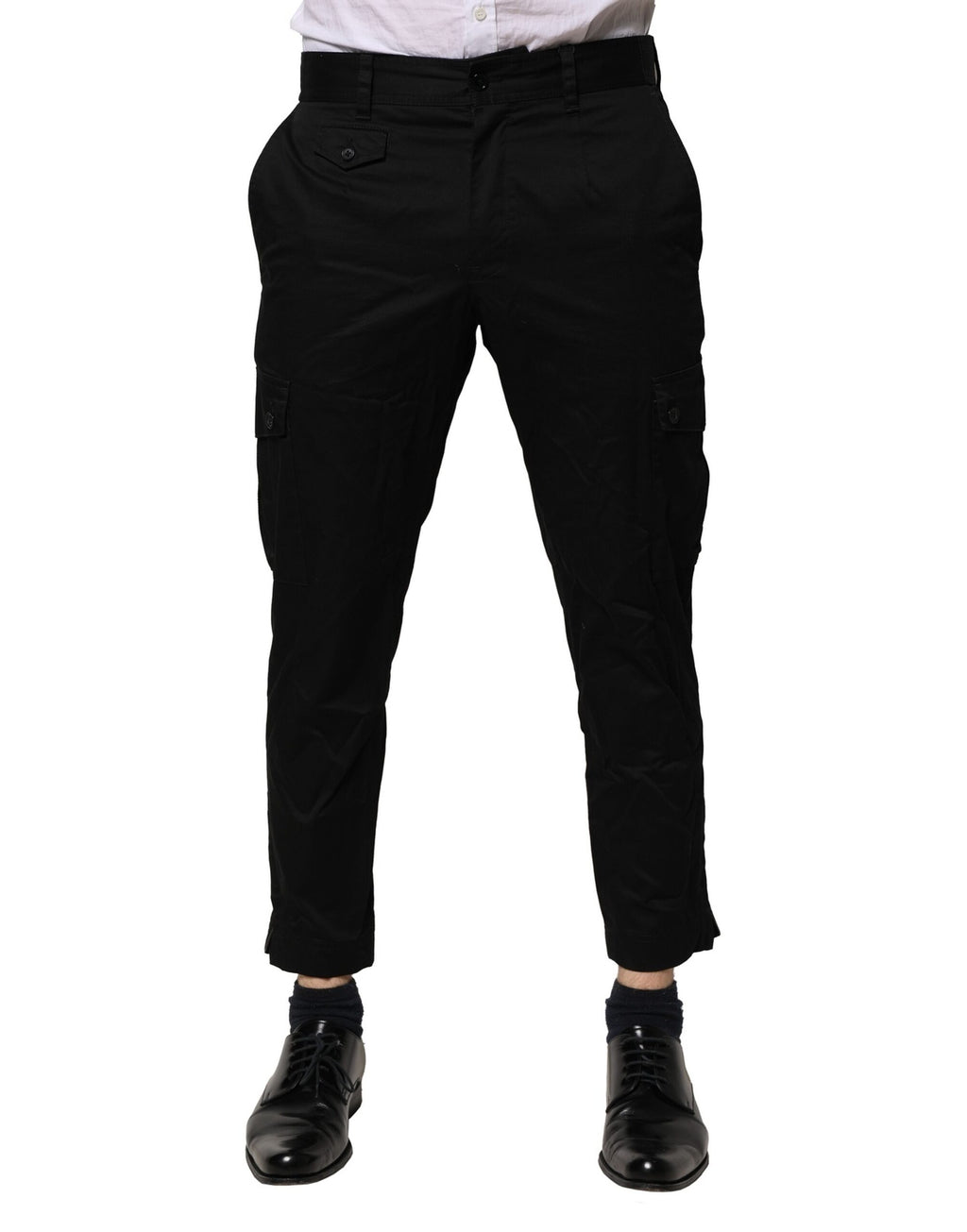 Pantalon formel noir en coton de Dolce & Gabbana, coupe slim pour femme, vue de devant sur mannequin.