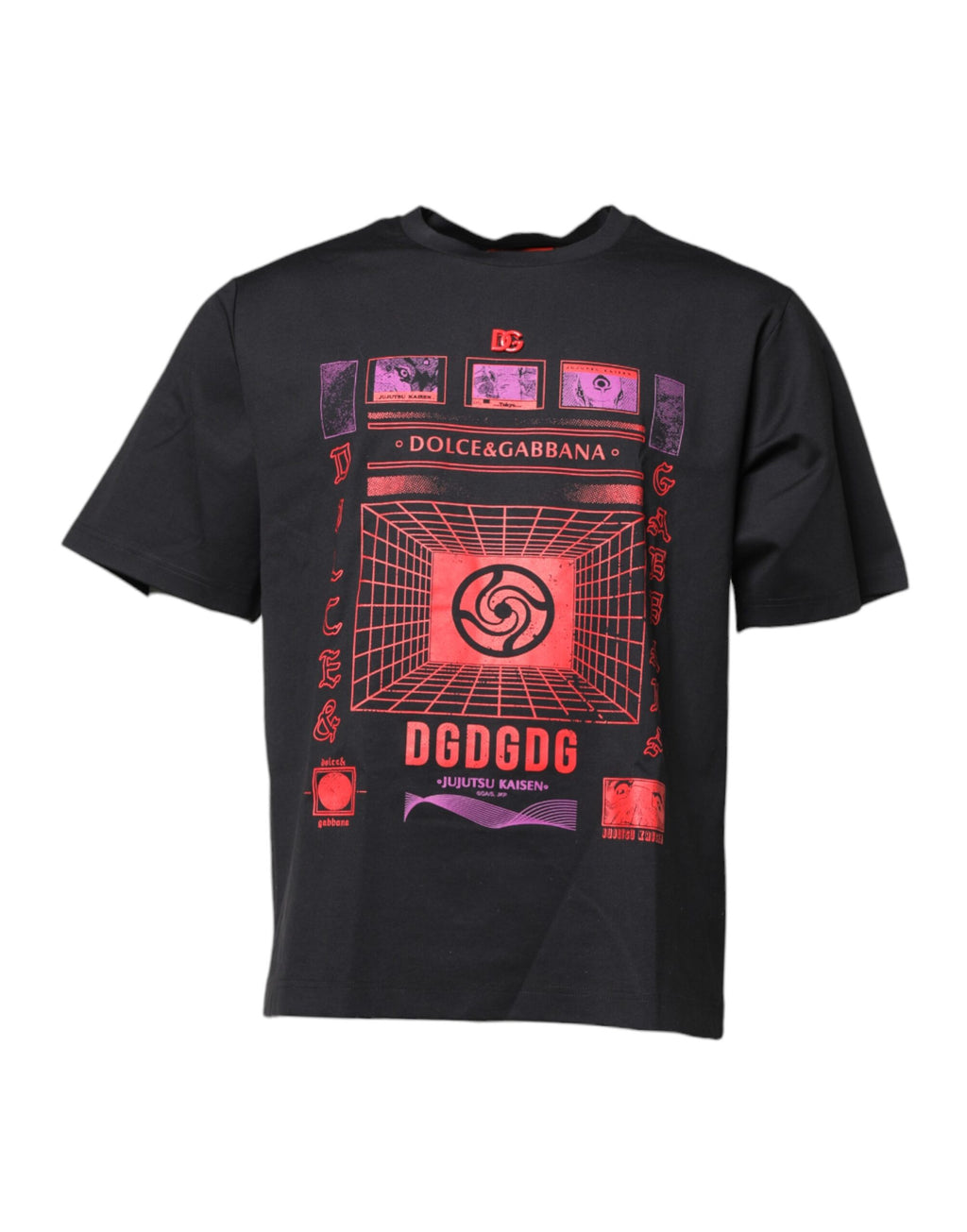 T-shirt à col rond en coton noir avec imprimé graphique Dolce & Gabbana, affiche un design moderne et élégant.