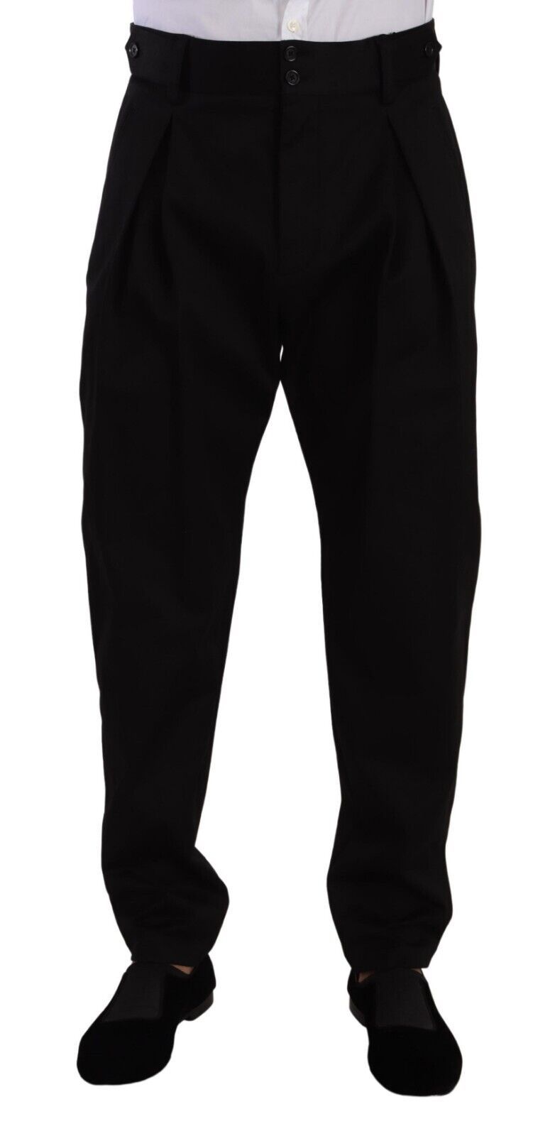 Pantalon homme Dolce & Gabbana en coton noir à taille haute, style pantalon de costume, vue de face.
