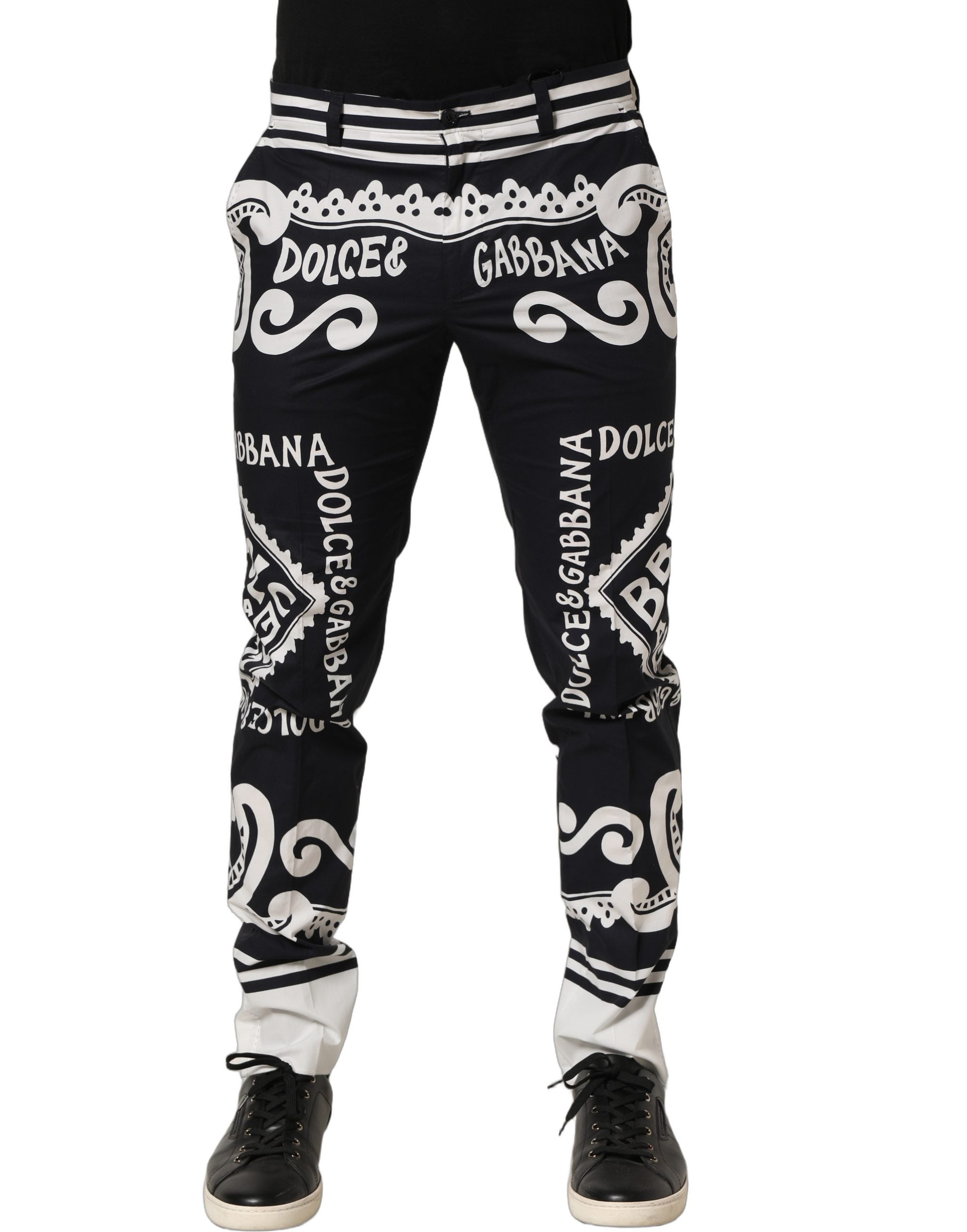 Pantalon Dolce & Gabbana en coton noir avec imprimé MarinaPrint, pantalon élégant en popeline de coton.