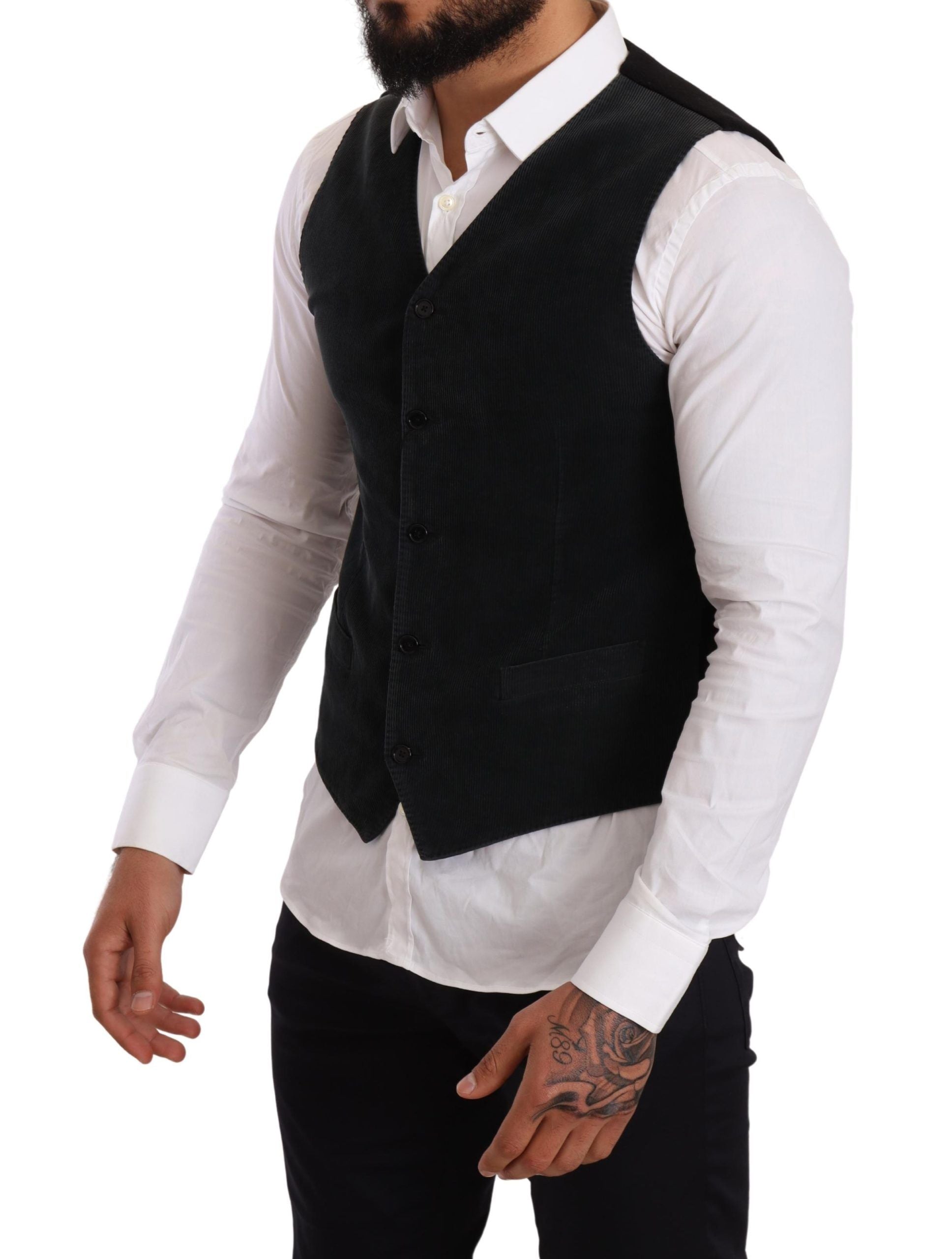 Gilet noir en coton Dolce & Gabbana à double boutonnage, élégant et ajusté, pour homme.