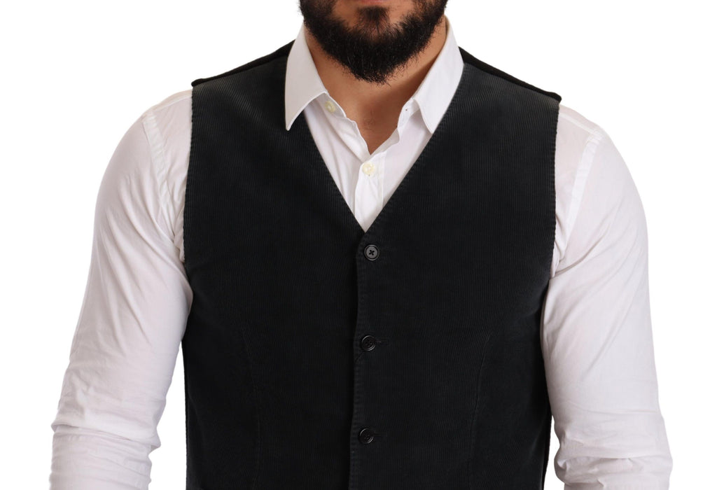 Gilet en coton noir Dolce & Gabbana à boutonnière simple, vêtement élégant pour homme avec coupe ajustée.