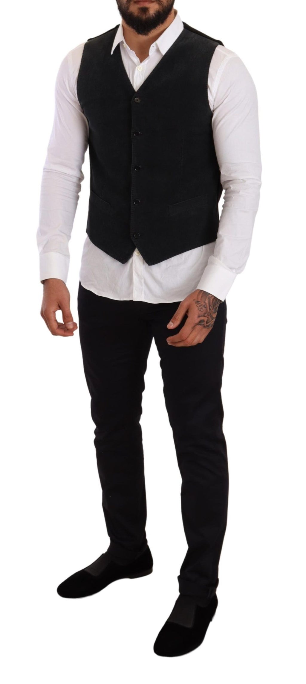 Gilet noir en coton de Dolce & Gabbana, à simple boutonnage, élégant et ajusté, porté sur un mannequin.