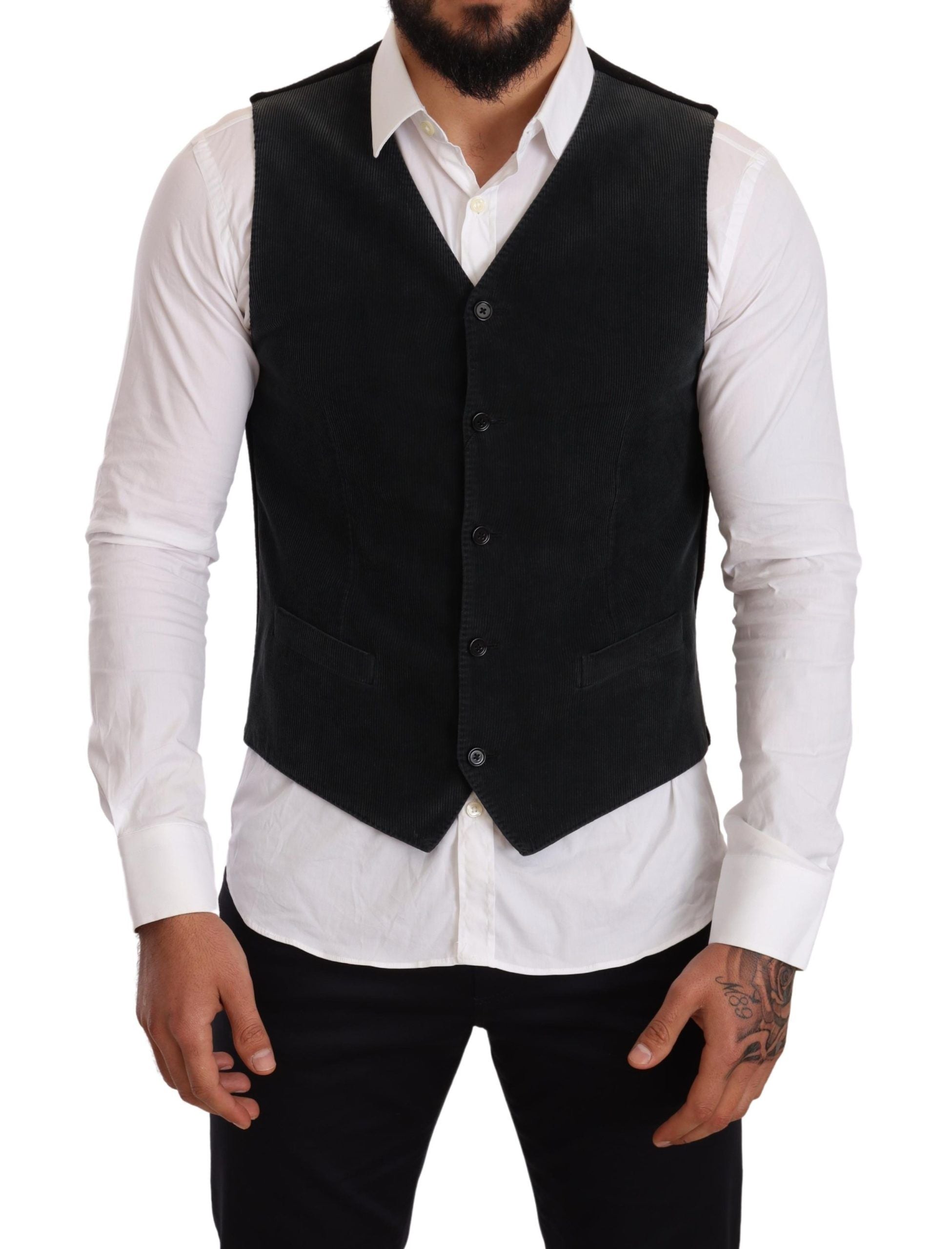 Gilet noir en coton à une seule rangée de boutons de la marque Dolce & Gabbana, porté sur un mannequin.