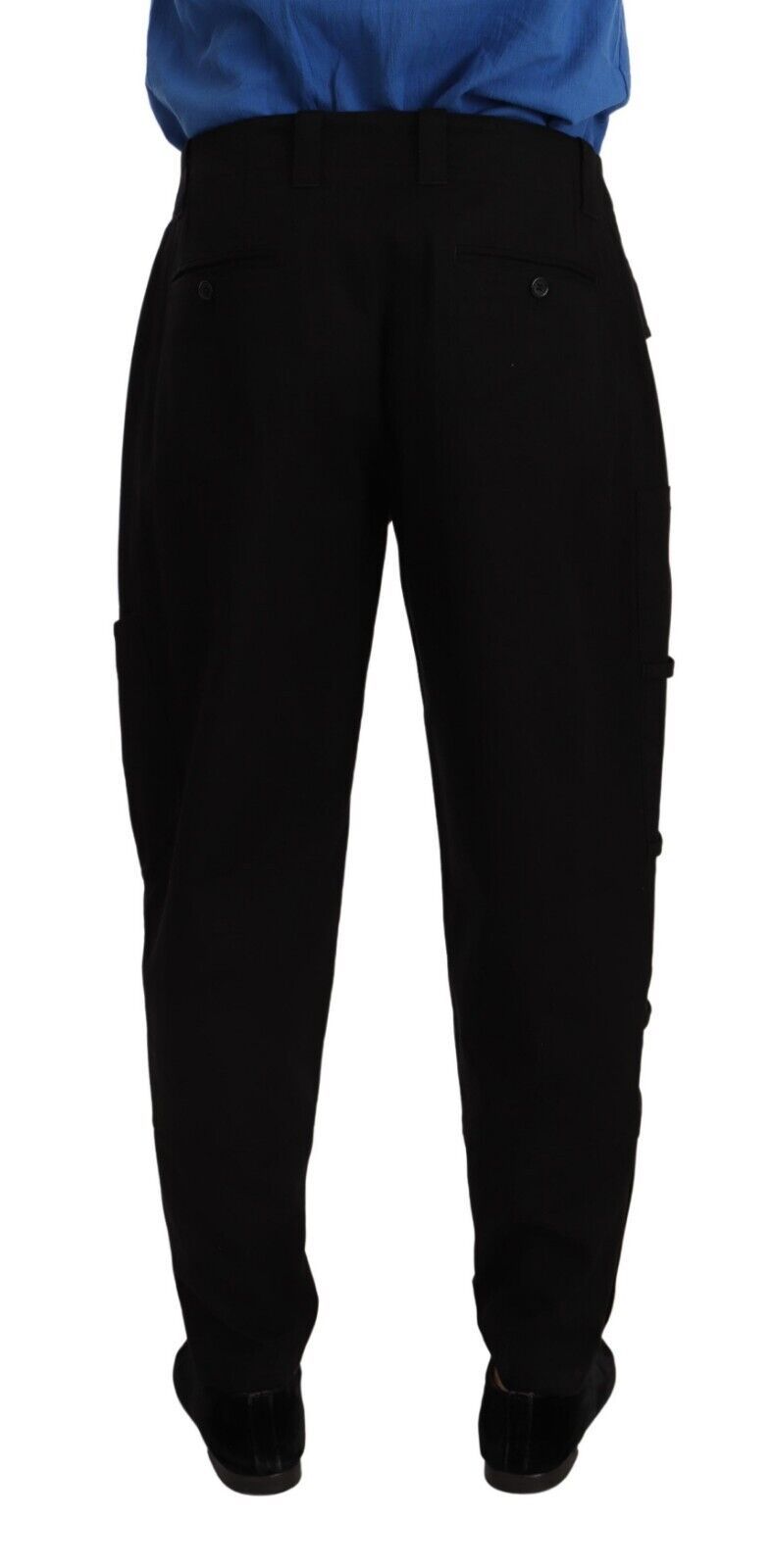 Pantalons cargo noirs en coton stretch Dolce & Gabbana, coupe tapered, vue front avec poches et détails modernes.