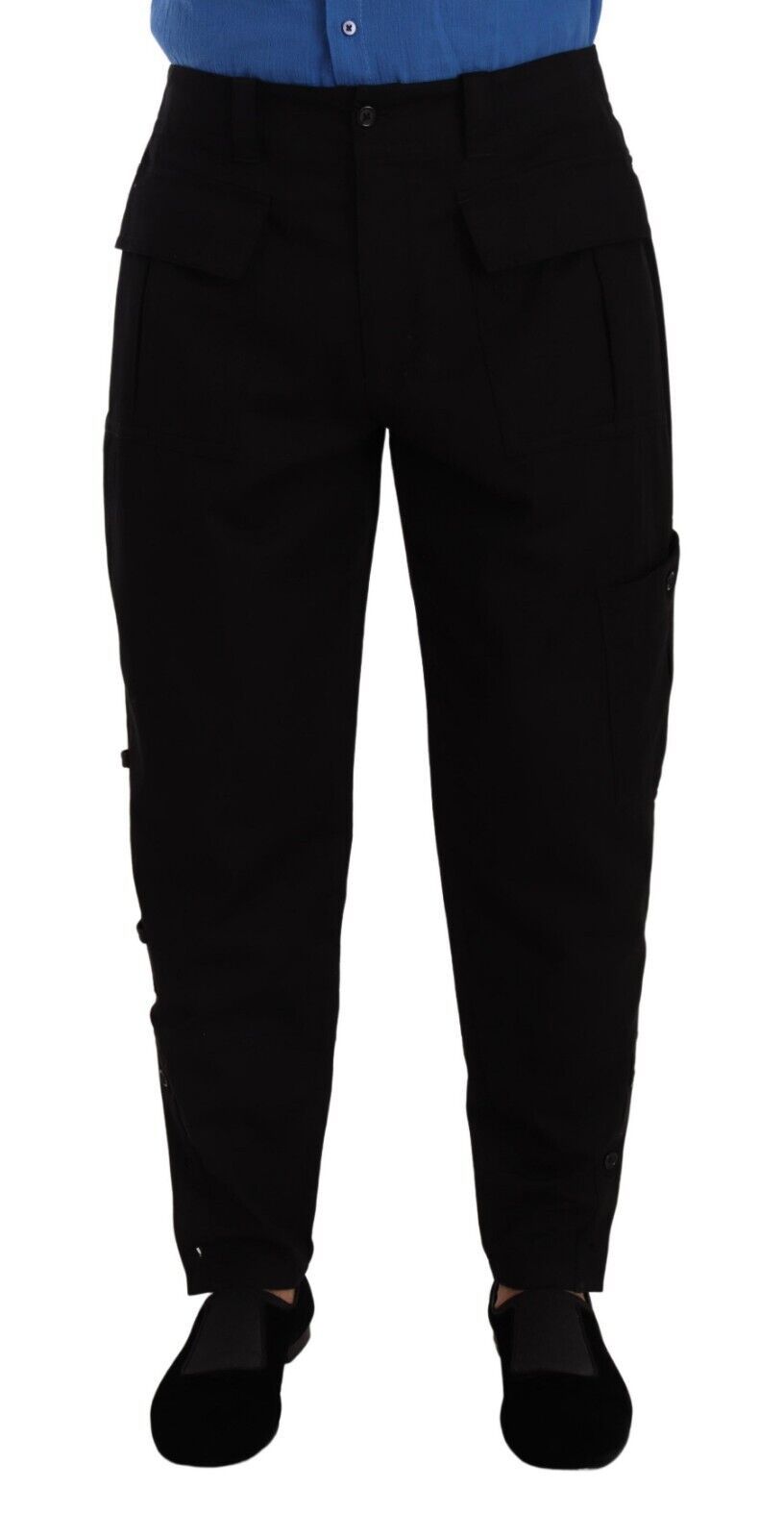 Pantalons cargo noirs en coton stretch de Dolce & Gabbana, coupe tapered, style décontracté et élégant.
