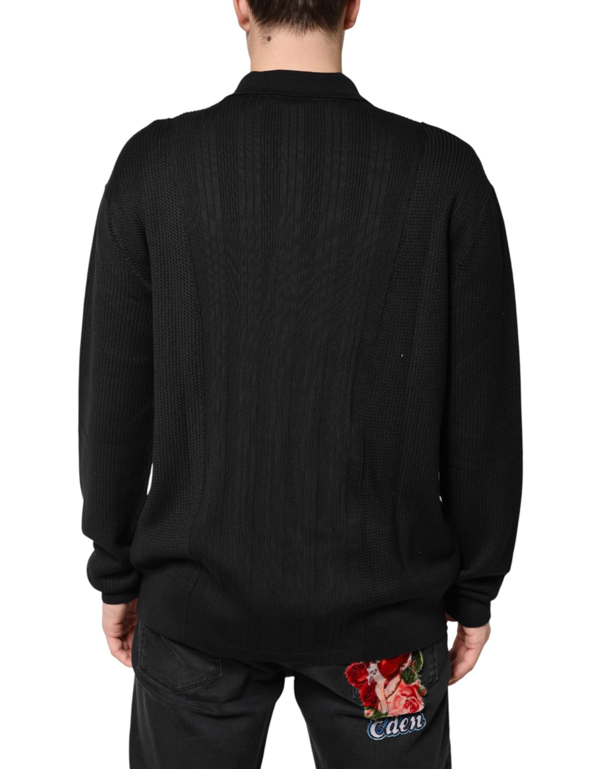 Pull homme Dolce & Gabbana noir avec logo en crests à manches longues, style élégant et moderne.