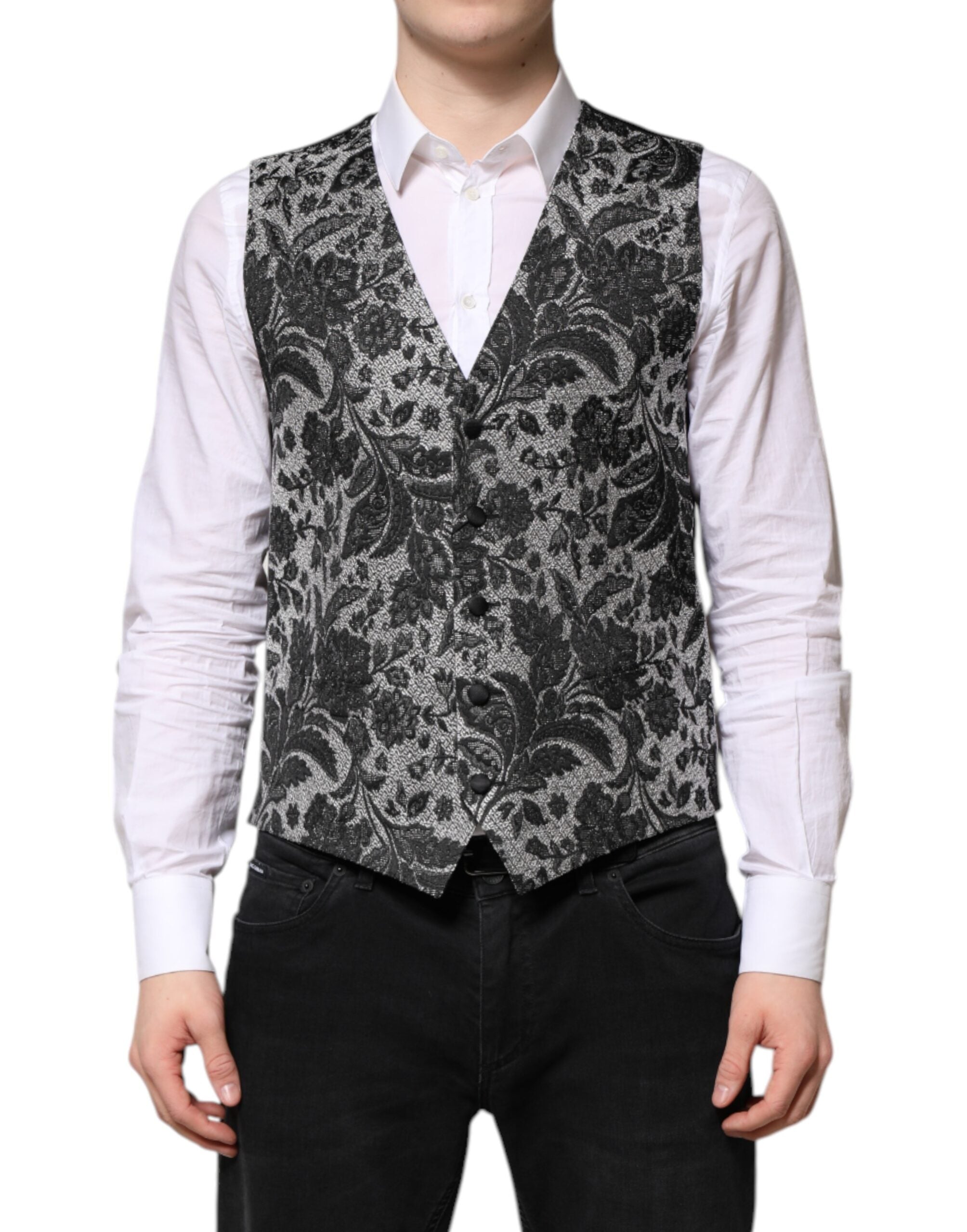 Gilet homme formel Dolce & Gabbana en brocart noir et gris, élégant et sophistiqué, avec fermeture à boutons.