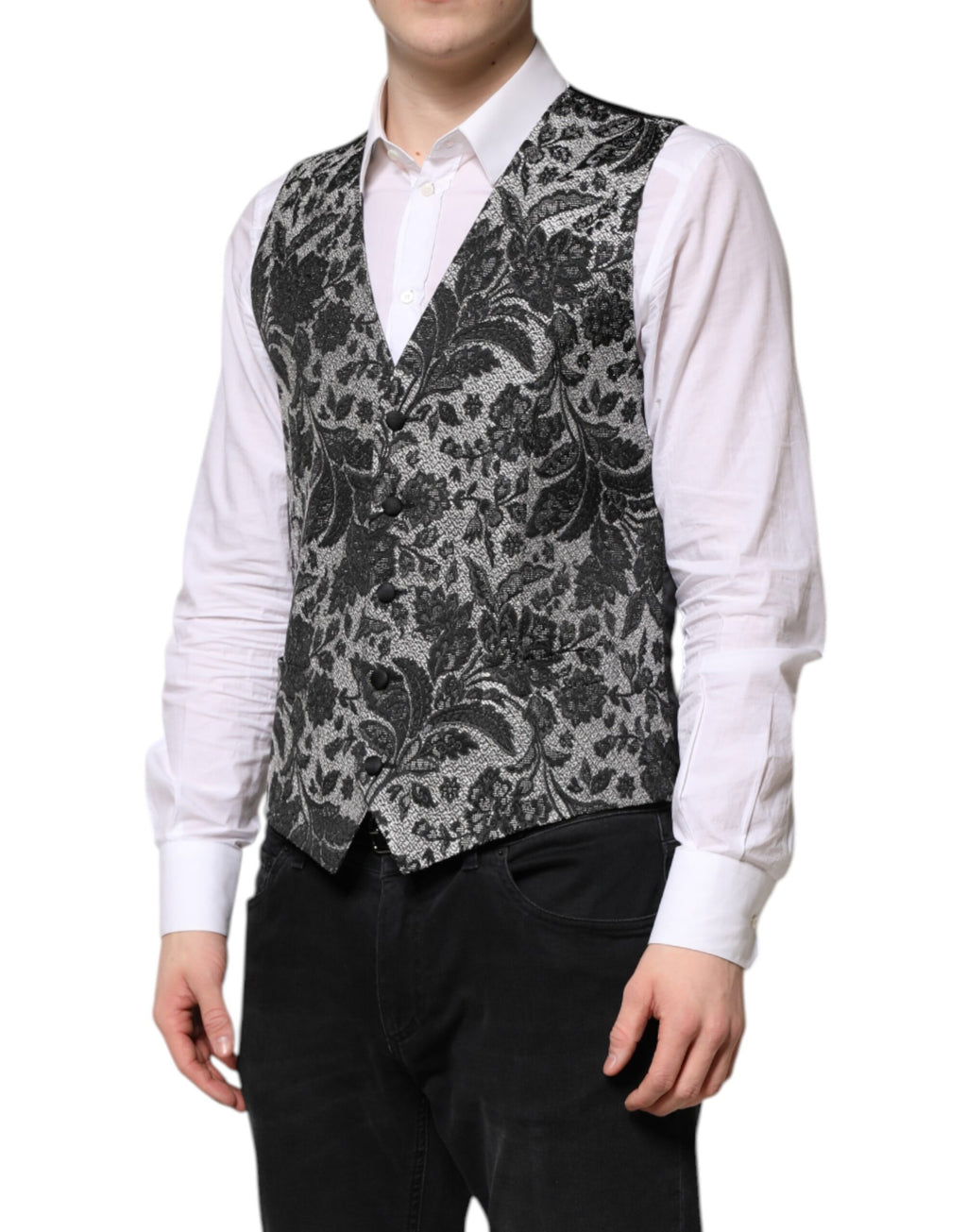 Gilet formel pour homme Dolce & Gabbana en brocart noir et gris, avec fermeture à boutons et finition élégante.