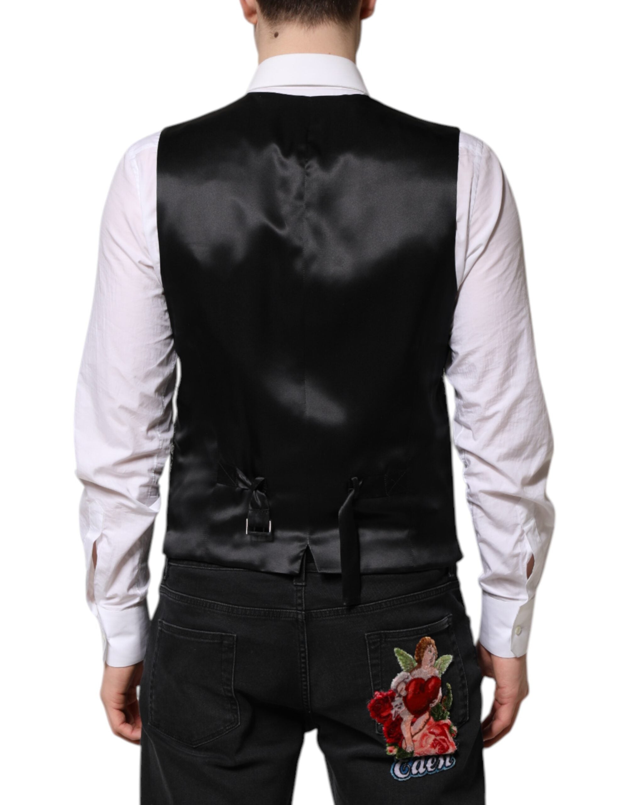 Gilet homme formel Dolce & Gabbana en brocart noir et gris, veste élégante pour occasions spéciales.