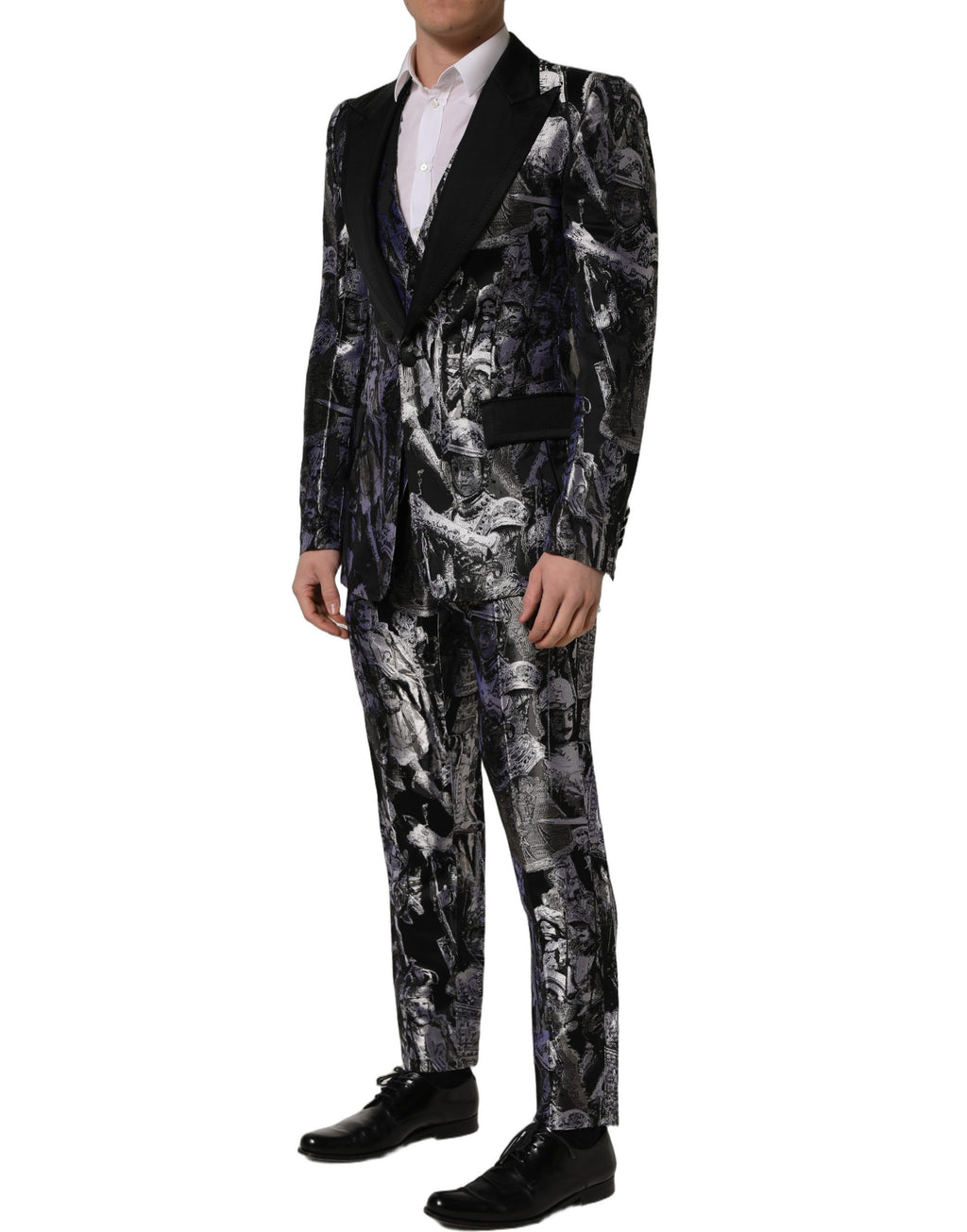 Costume trois pièces noir Dolce & Gabbana en jacquard à coupe slim, costume formel élégant et sophistiqué.