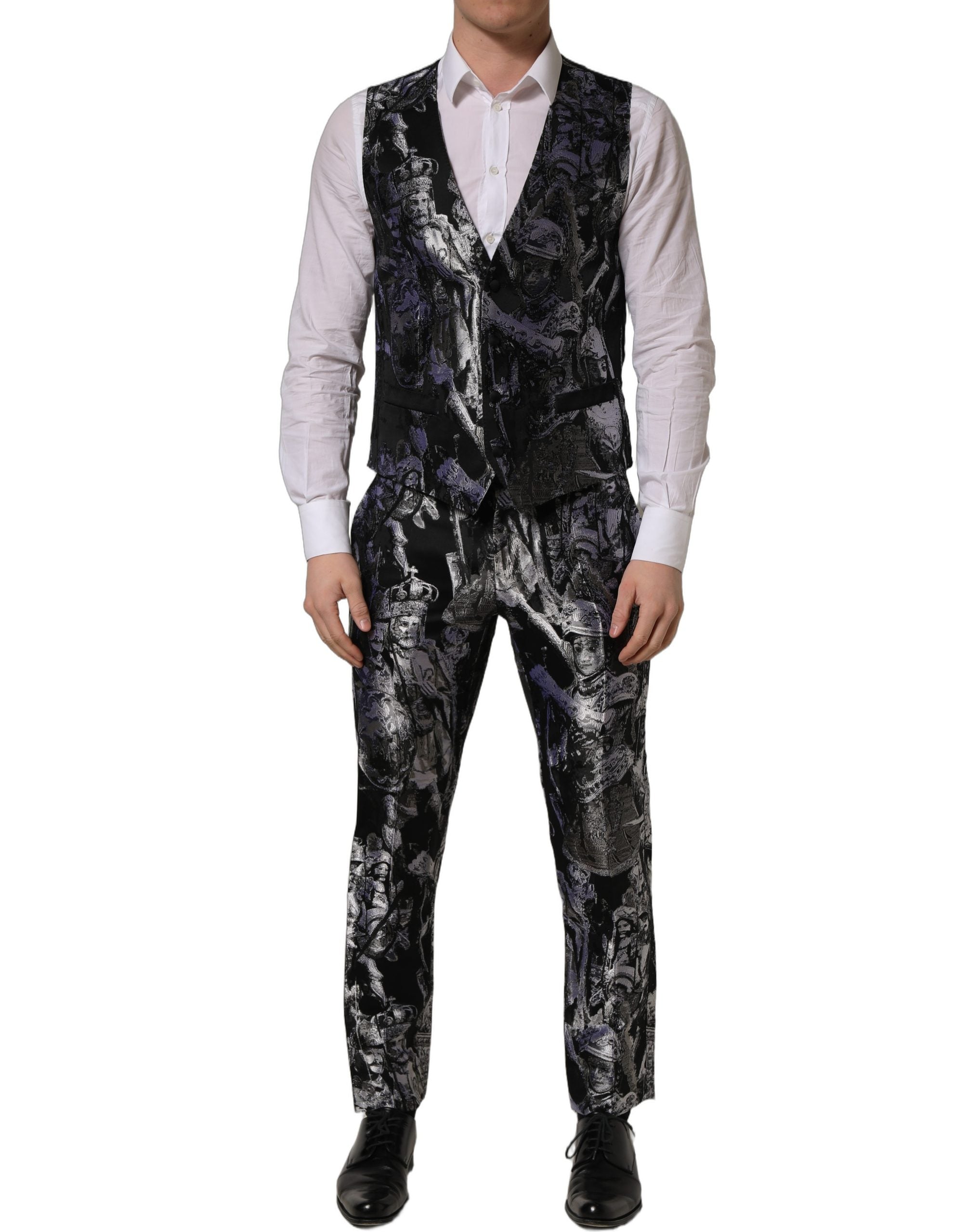 Costume formel trois pièces noir en jacquard de Dolce & Gabbana, coupe slim fit, veste, pantalon et gilet élégants.