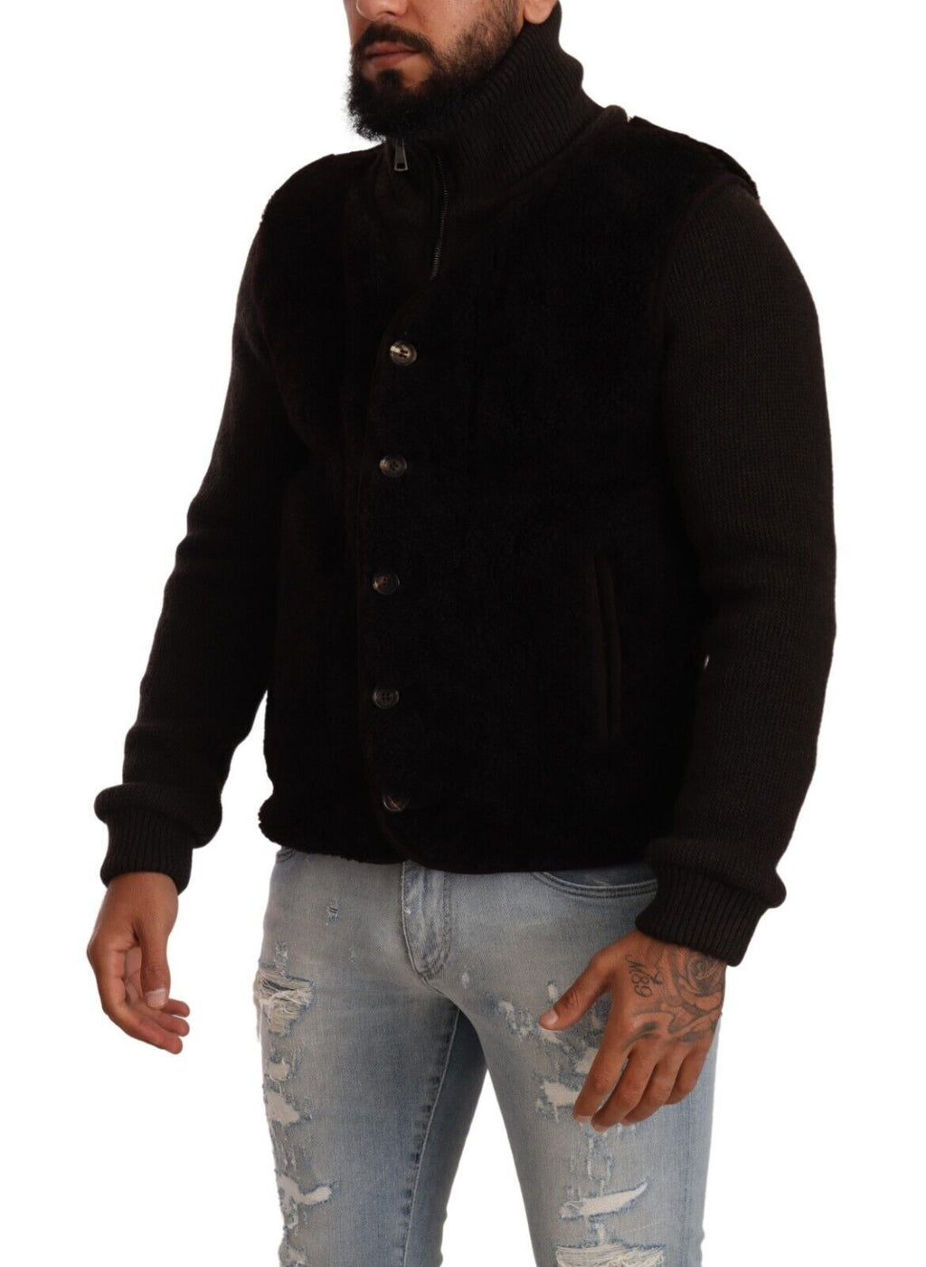Manteau en cuir noir pour homme de Dolce & Gabbana avec col roulé, style élégant et moderne, vue de face.