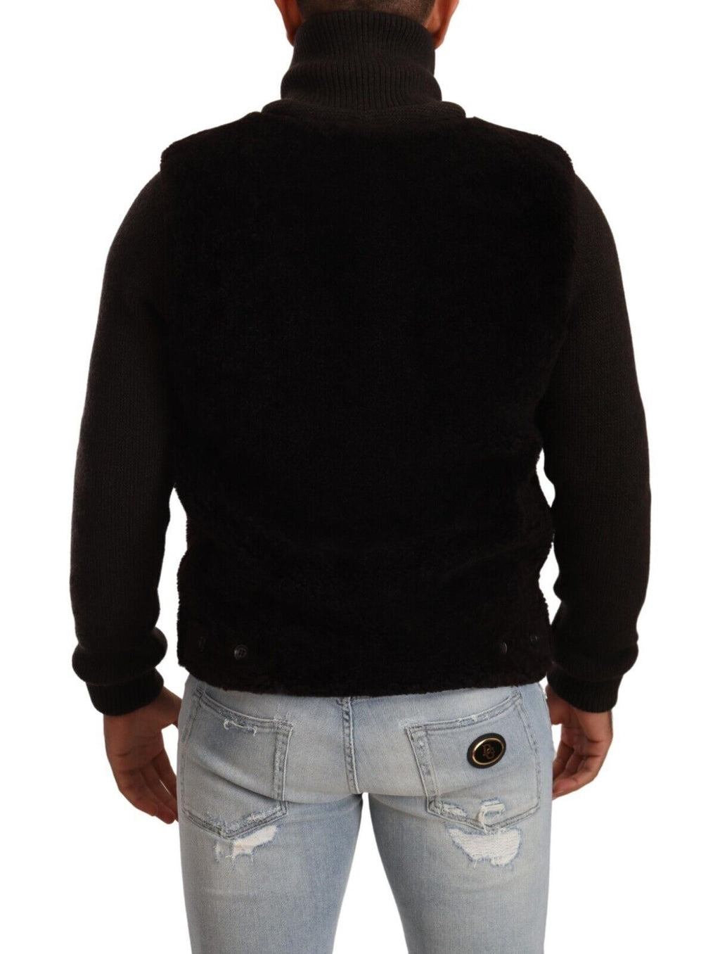Manteau homme noir en cuir Dolce & Gabbana à col roulé, veste élégante et ajustée, vue de face sur fond blanc.
