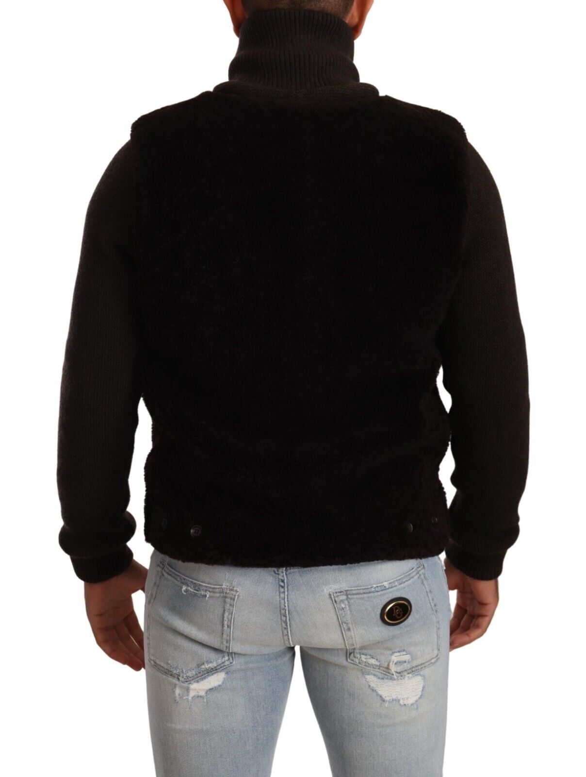 Manteau homme noir en cuir Dolce & Gabbana à col roulé, veste élégante et ajustée, vue de face sur fond blanc.