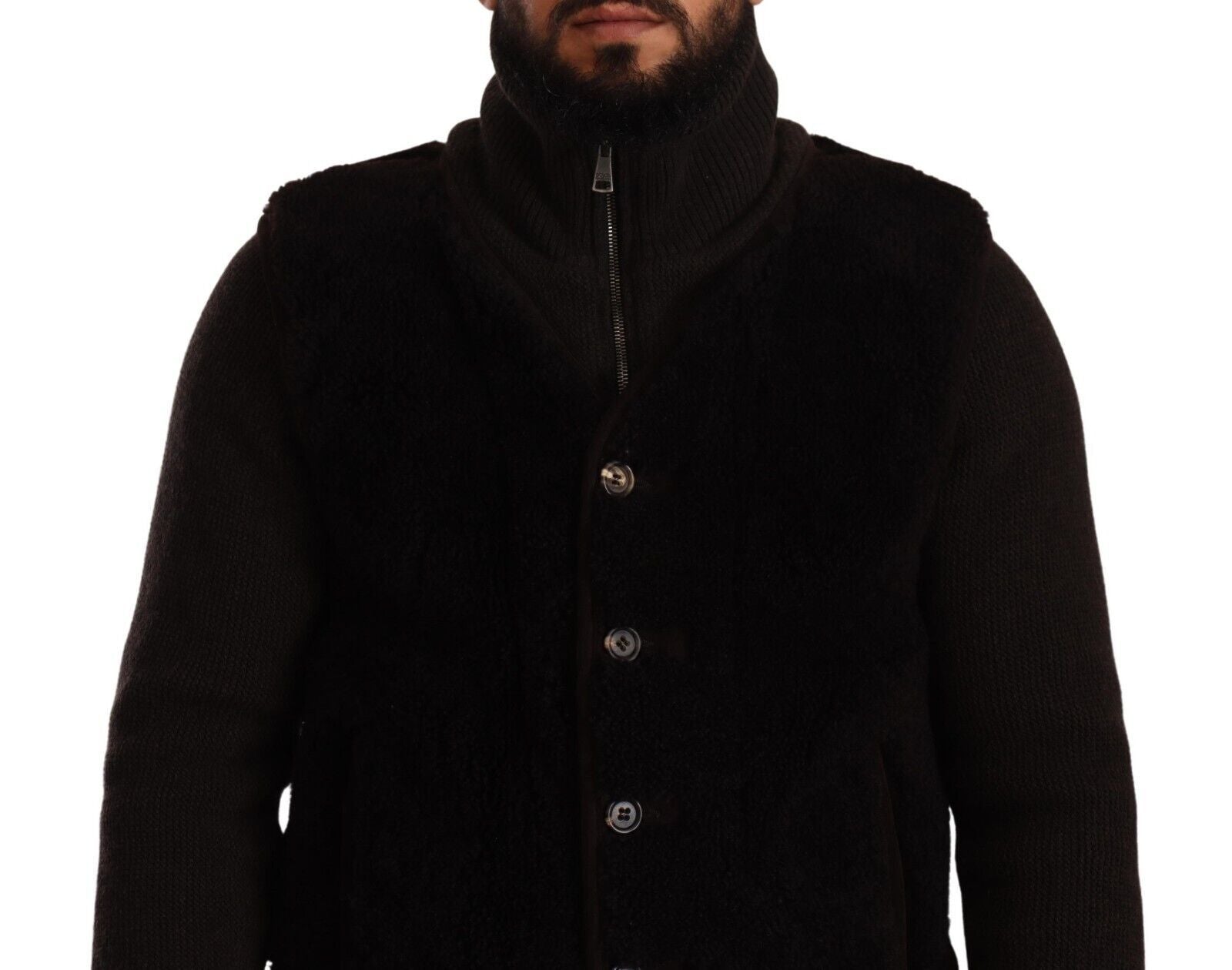 Manteau homme en cuir noir Dolce & Gabbana à col roulé, élégant et chaud, porté sur un mannequin.