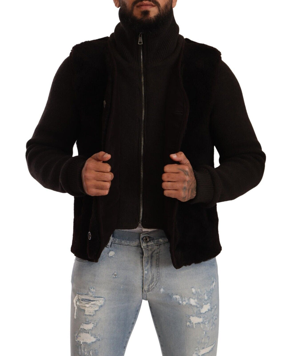 Manteau en cuir noir pour homme Dolce & Gabbana avec col roulé, style élégant et finition de haute qualité.