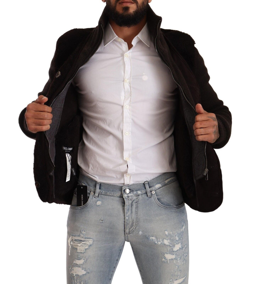 Manteau homme en cuir noir Dolce & Gabbana à col roulé, veste élégante avec fermeture éclair et design classique.