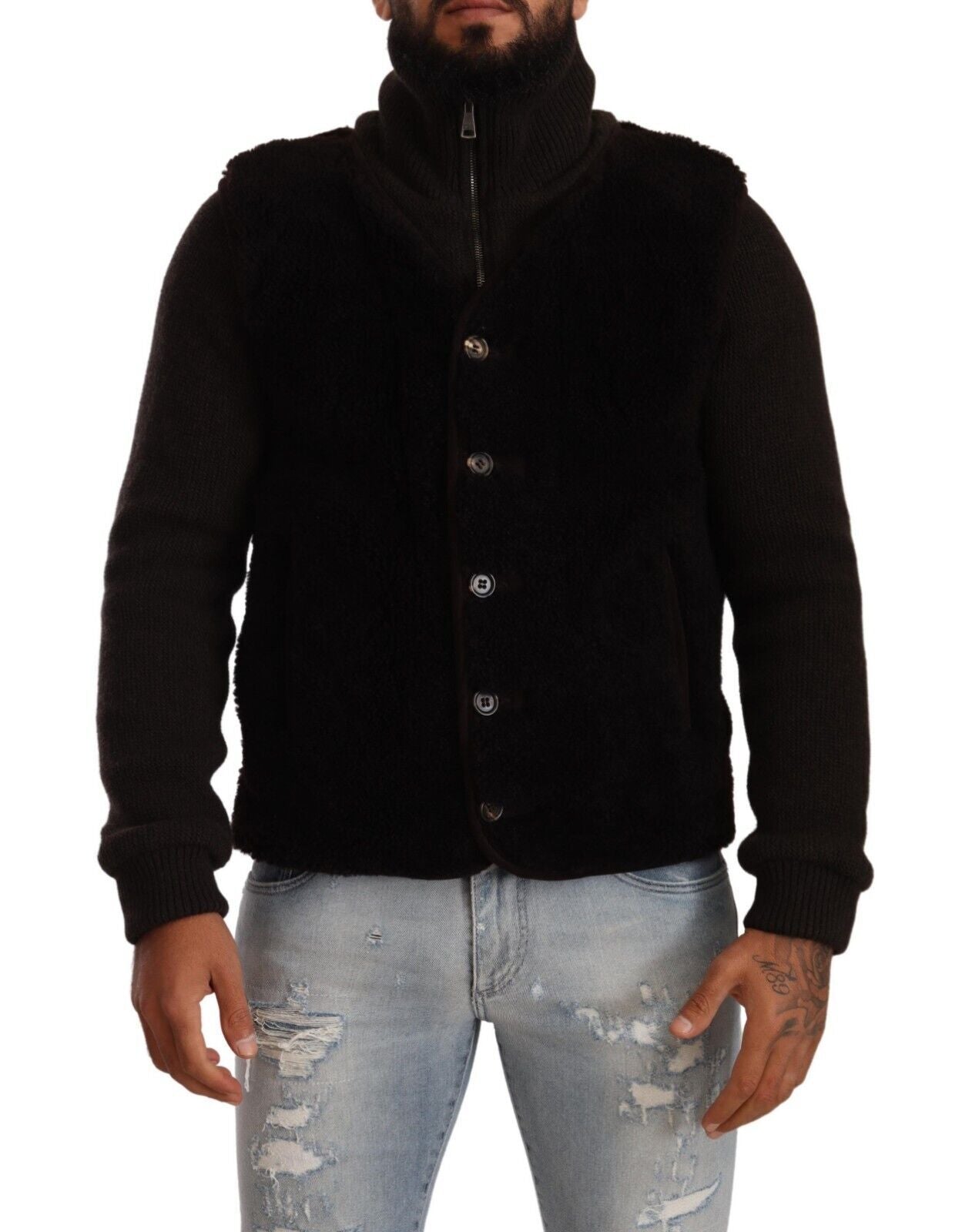 Manteau en cuir noir pour homme de Dolce & Gabbana avec col roulé, style élégant et coupe ajustée.