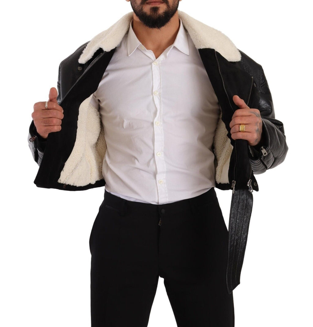 Veste en cuir noir Dolce & Gabbana avec col en shearling, style motard, visible avec détails en cuir et doublure en laine.