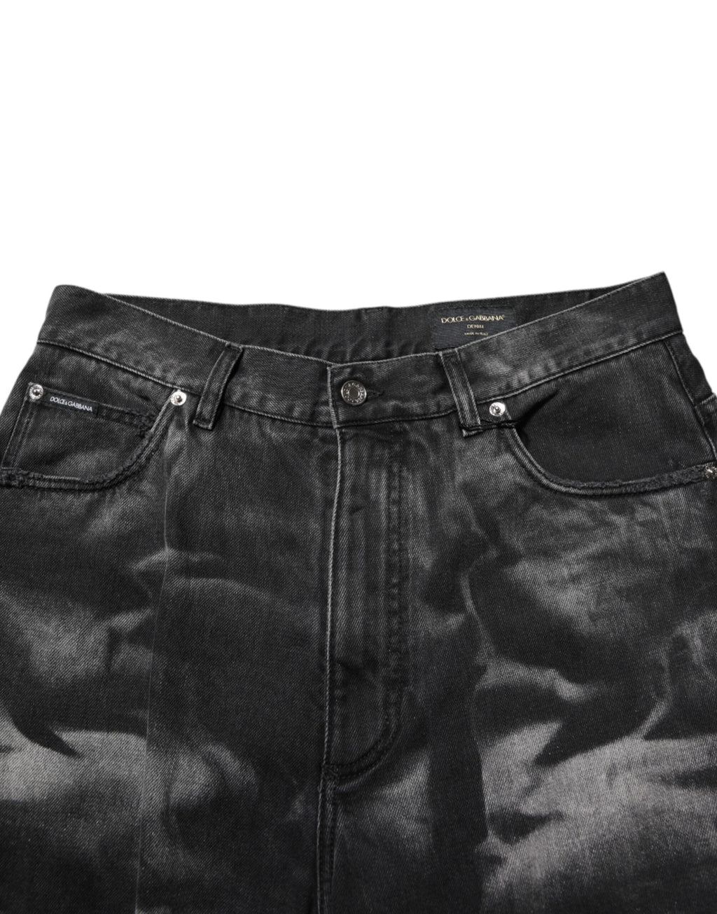 Jeans homme Dolce & Gabbana noirs à effet marbré, coupe droite, en denim avec détails modernes et style élégant.