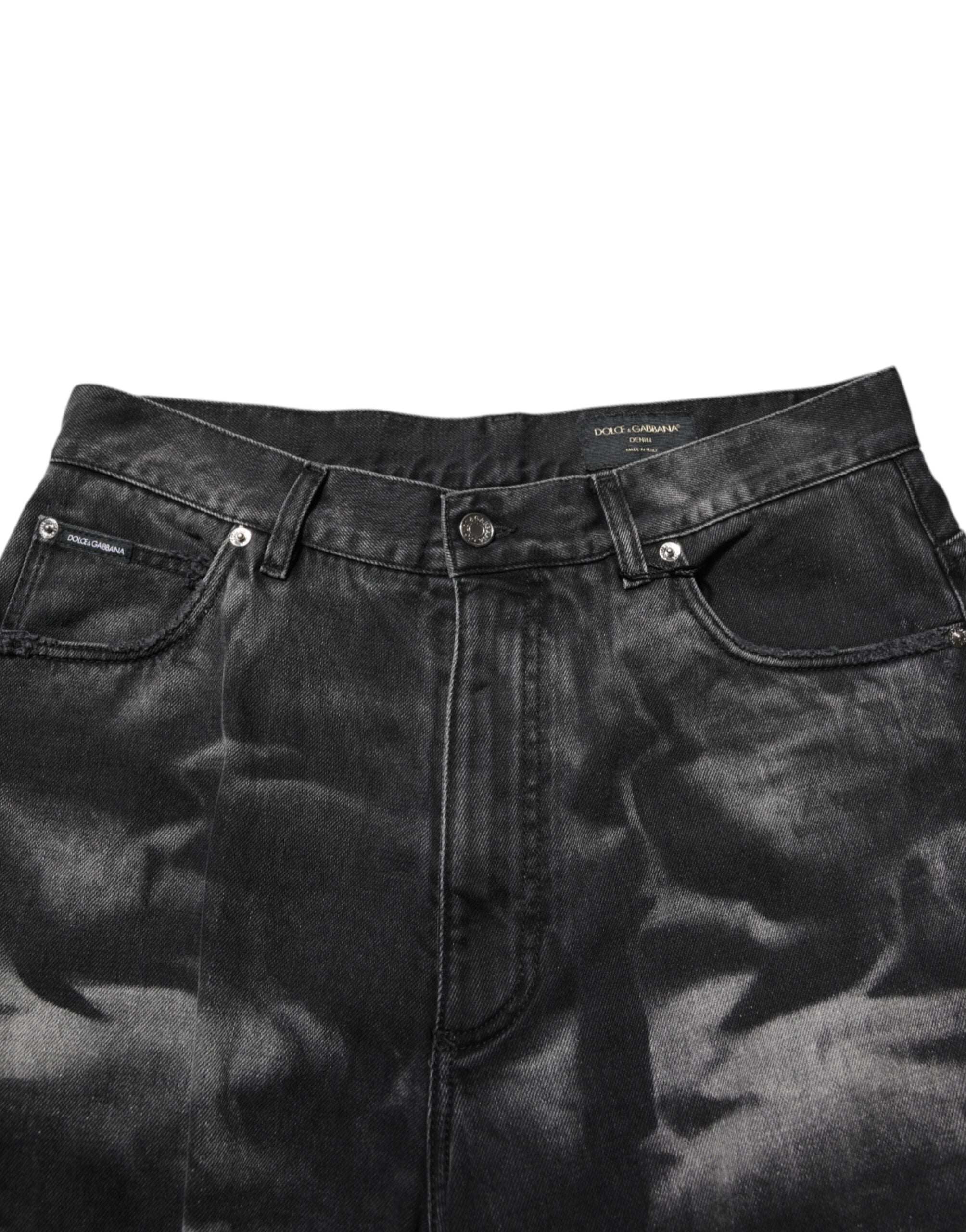 Jeans homme Dolce & Gabbana noirs à effet marbré, coupe droite, en denim avec détails modernes et style élégant.