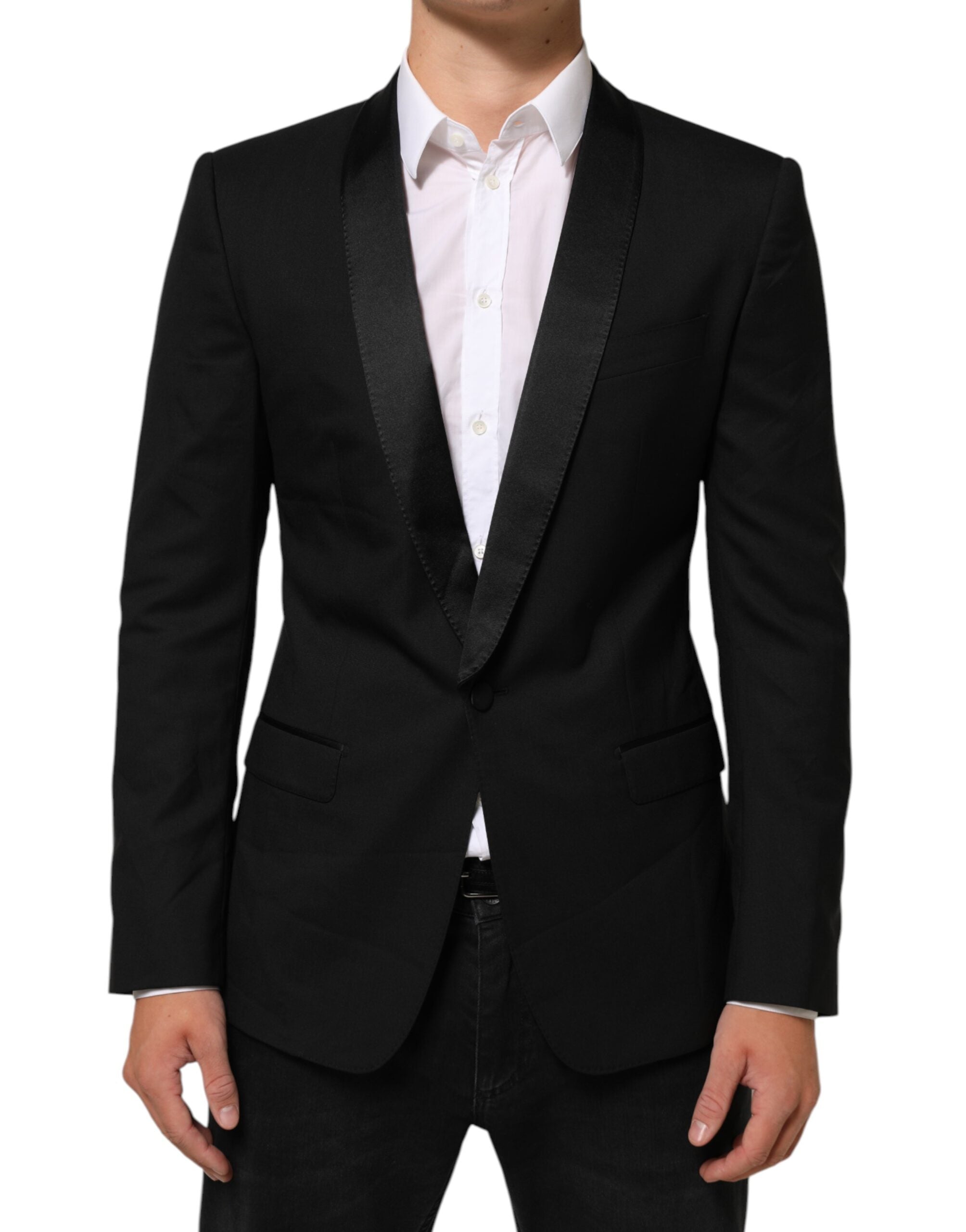 Veste blazer noire Dolce & Gabbana Martini 1 bouton, élégante et ajustée, avec détails sophistiqués sur le devant.