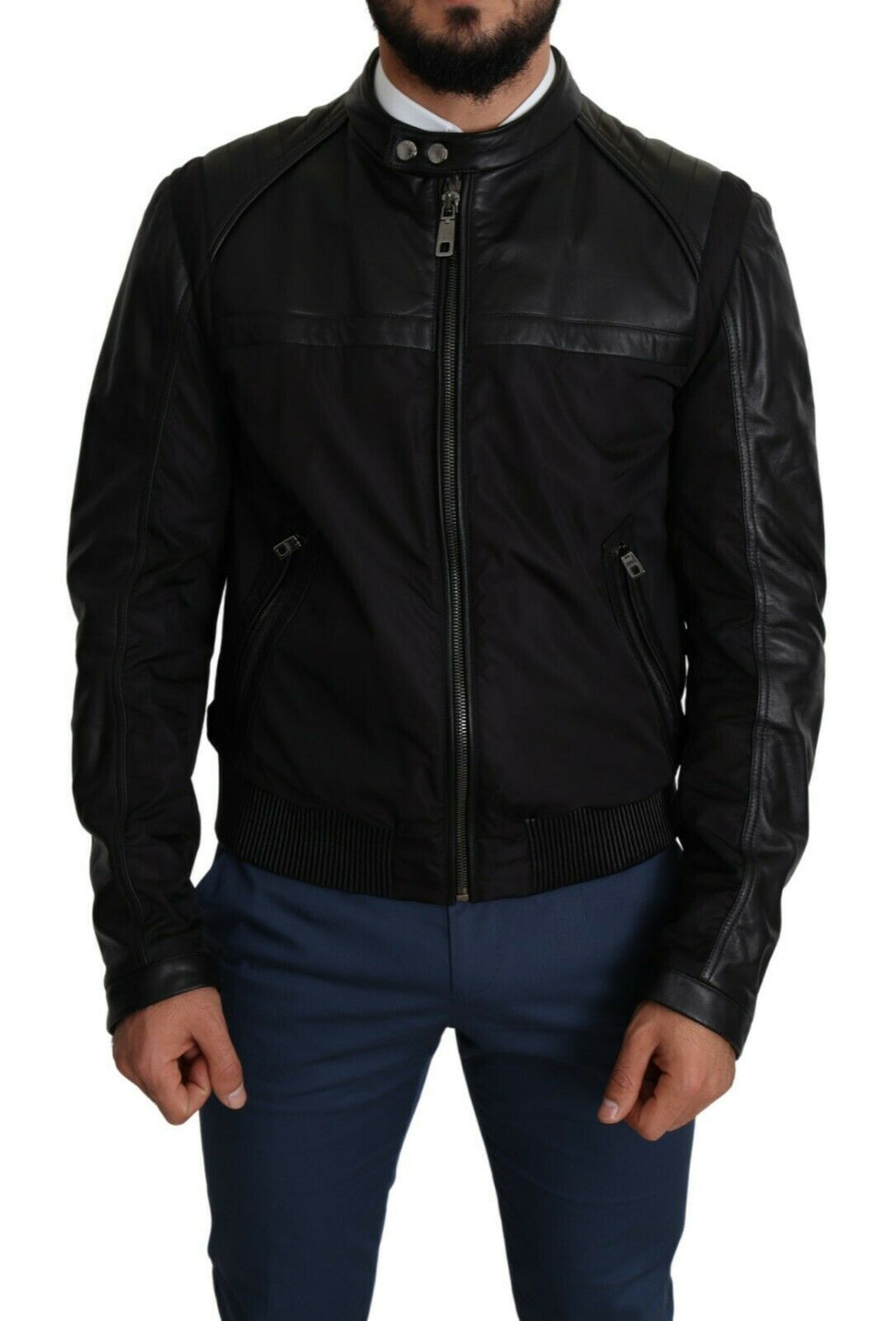 Veste bomber noire en nylon pour homme de Dolce & Gabbana avec fermeture éclair complète, style moderne et élégant.